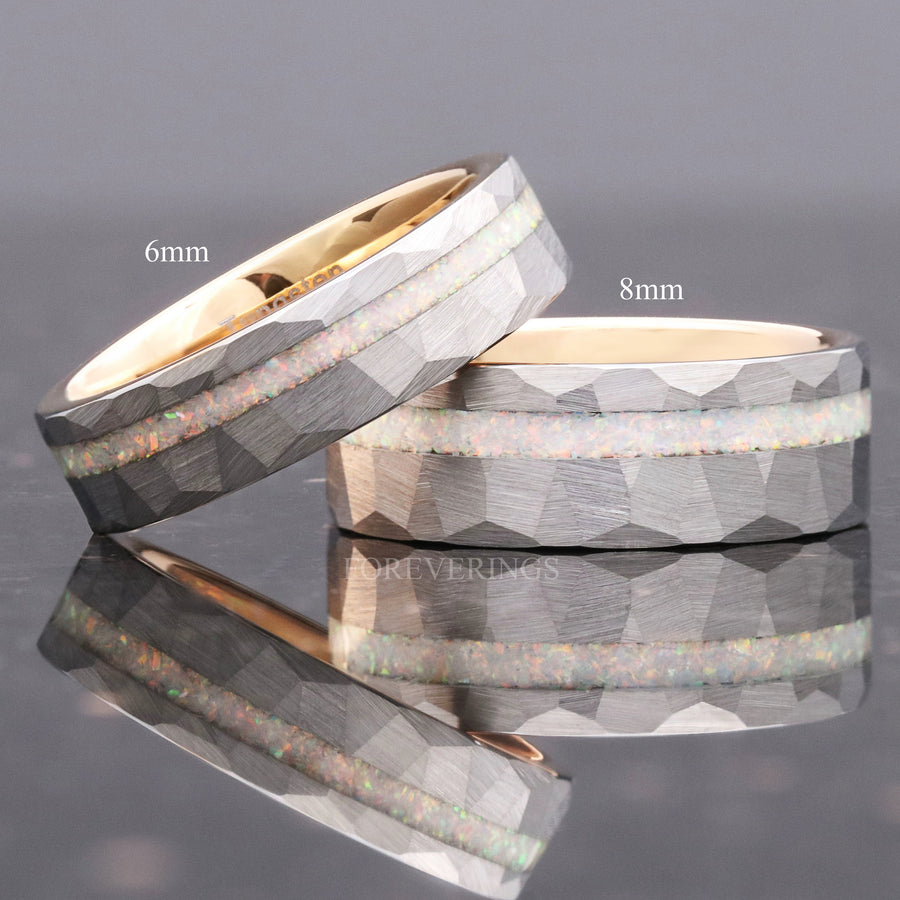 Mens White Opal Ring | 8mm Hammered Two-Tone Rose Gold Tungsten Band