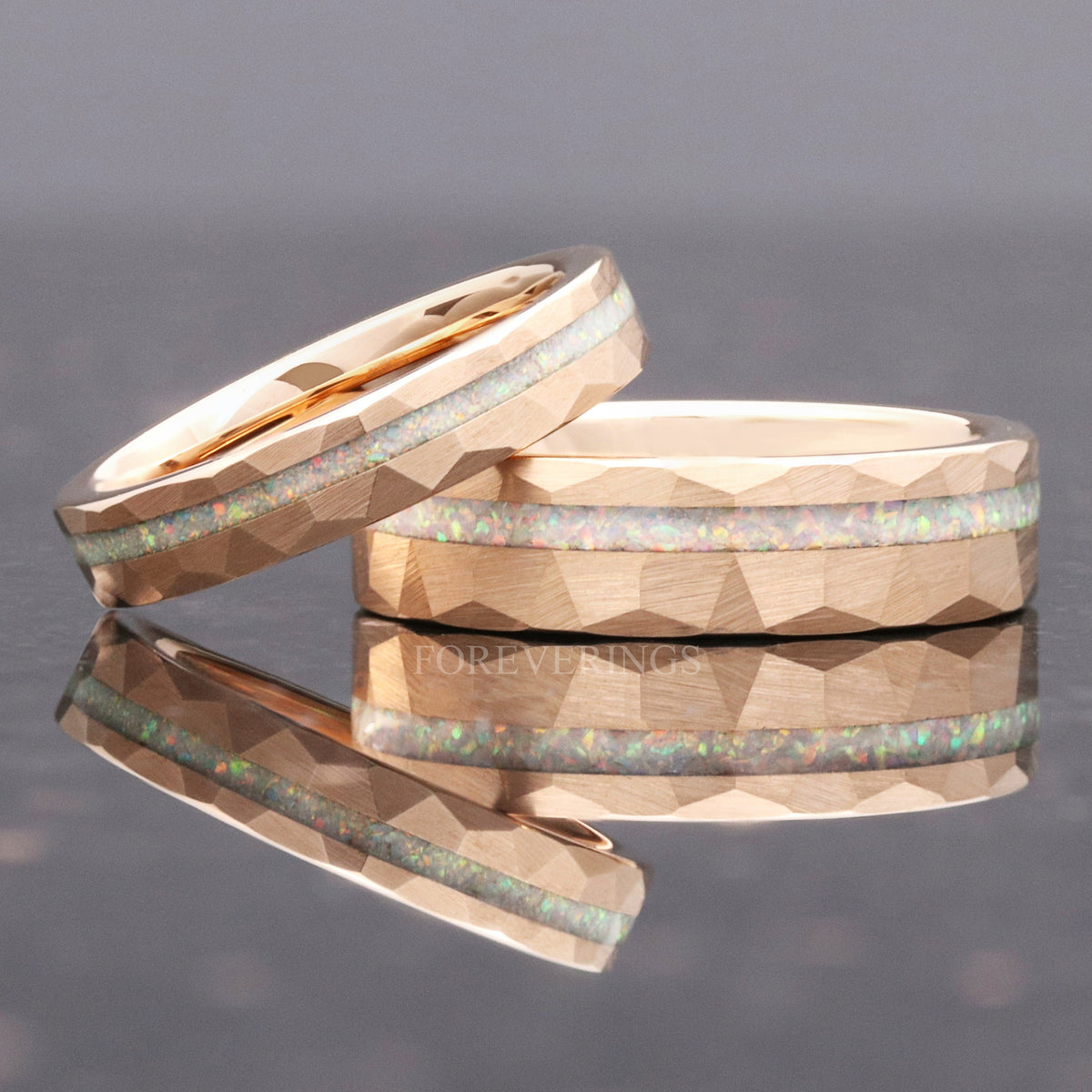 Matching hammered rose gold tungsten couples ring set with white fire opal inlay, 6mm and 4mm