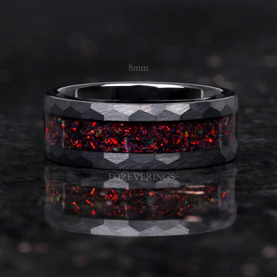 Black Opal Wedding Band | Crushed Fire Opal Hammered Tungsten