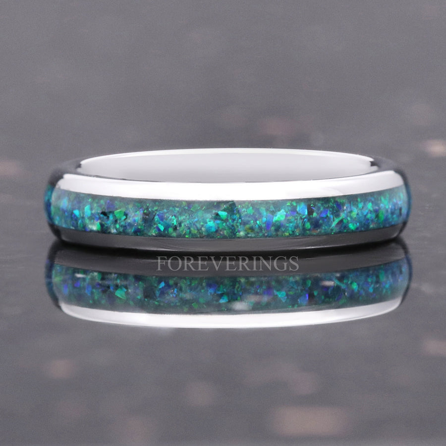 Emerald Opal Inlay Silver Tungsten Ring | Polished Dome Wedding Band