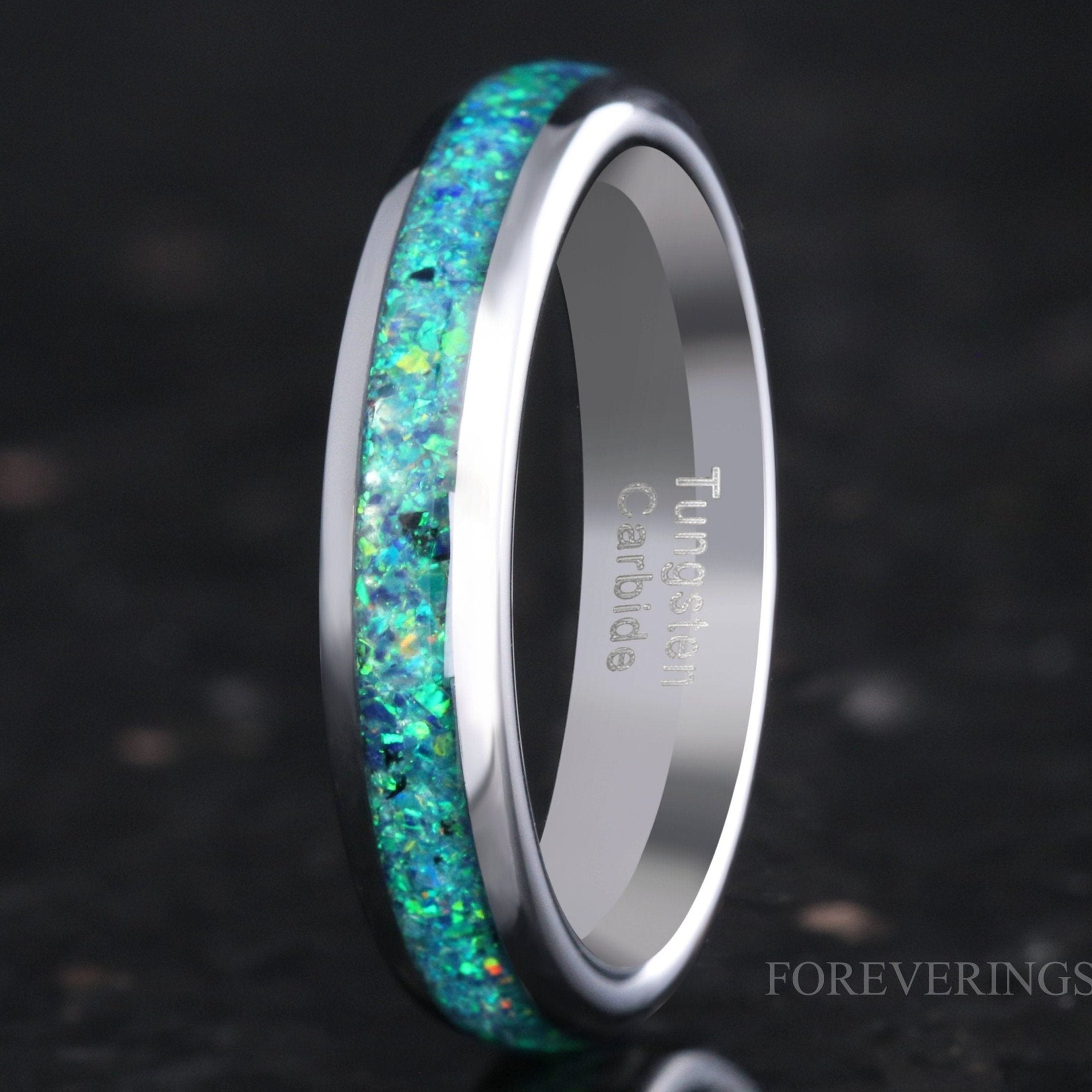 Emerald Coast Ring, 4mm Tungsten Wedding Band, Black Emerald Opal Ring, Silver Tungsten Ring, Polish, Dome, Comfort Fit, Anniversary Gift