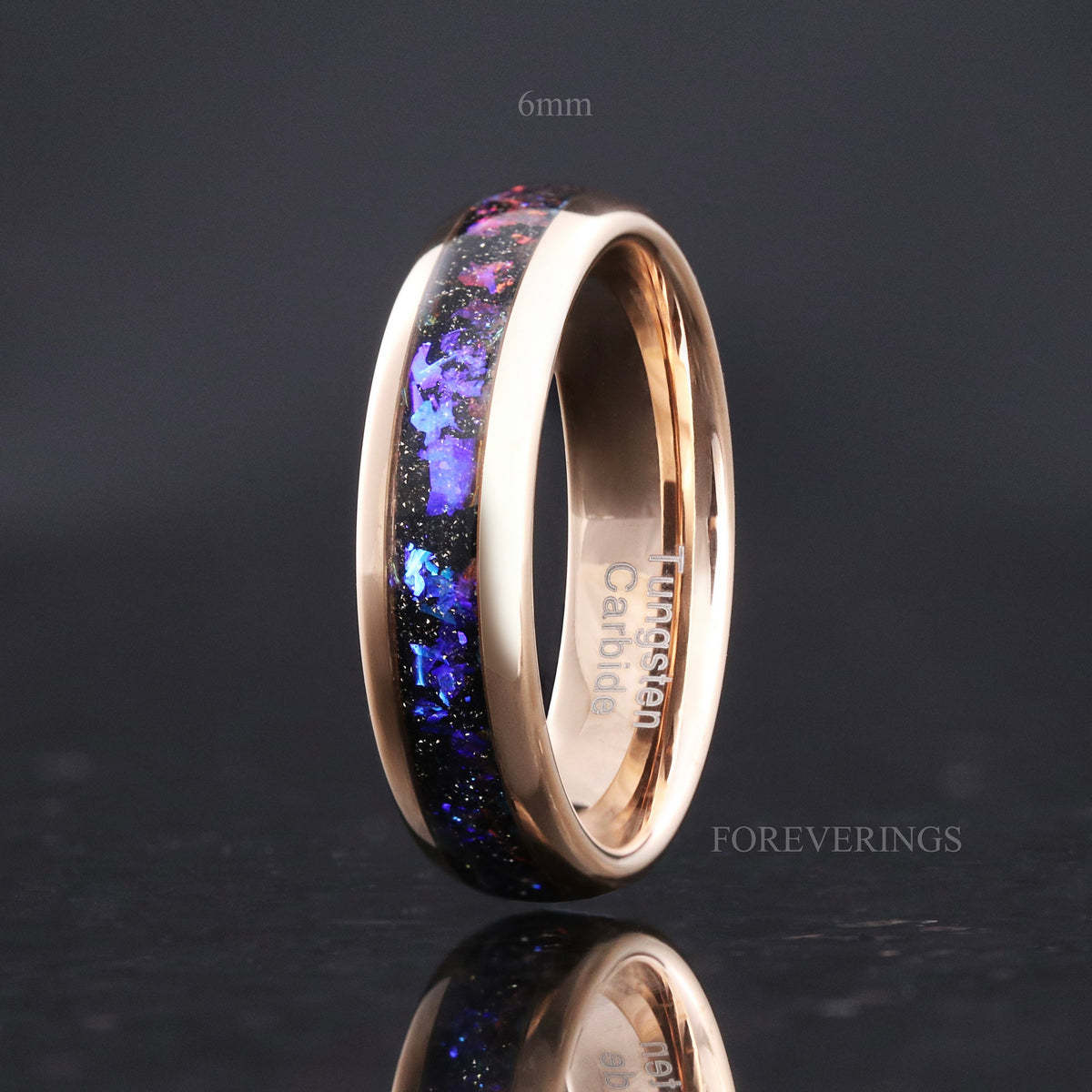 6mm rose gold tungsten band with nebula sandstone inlay, standing upright