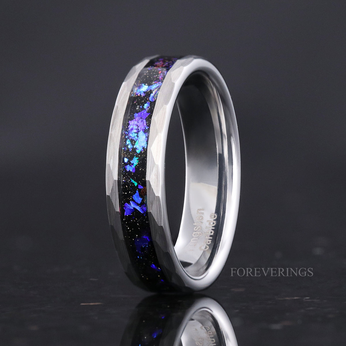Men's 6mm silver hammered tungsten band with nebula sandstone inlay standing upright
