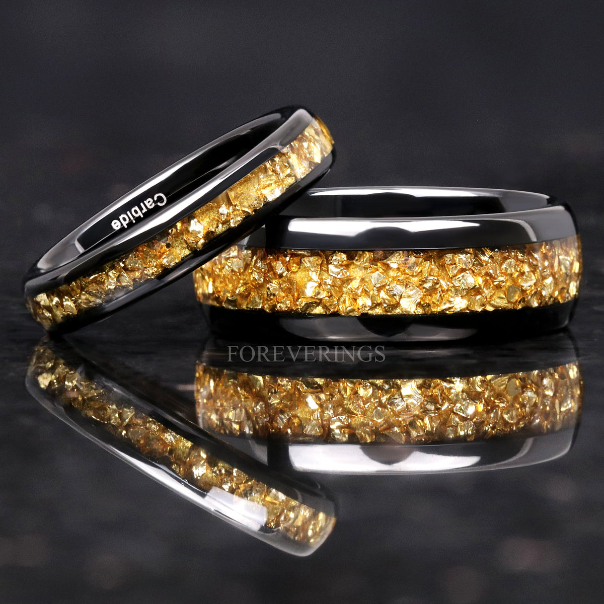 Matching black tungsten couples ring set with crushed citrine inlay, 8mm and 4mm
