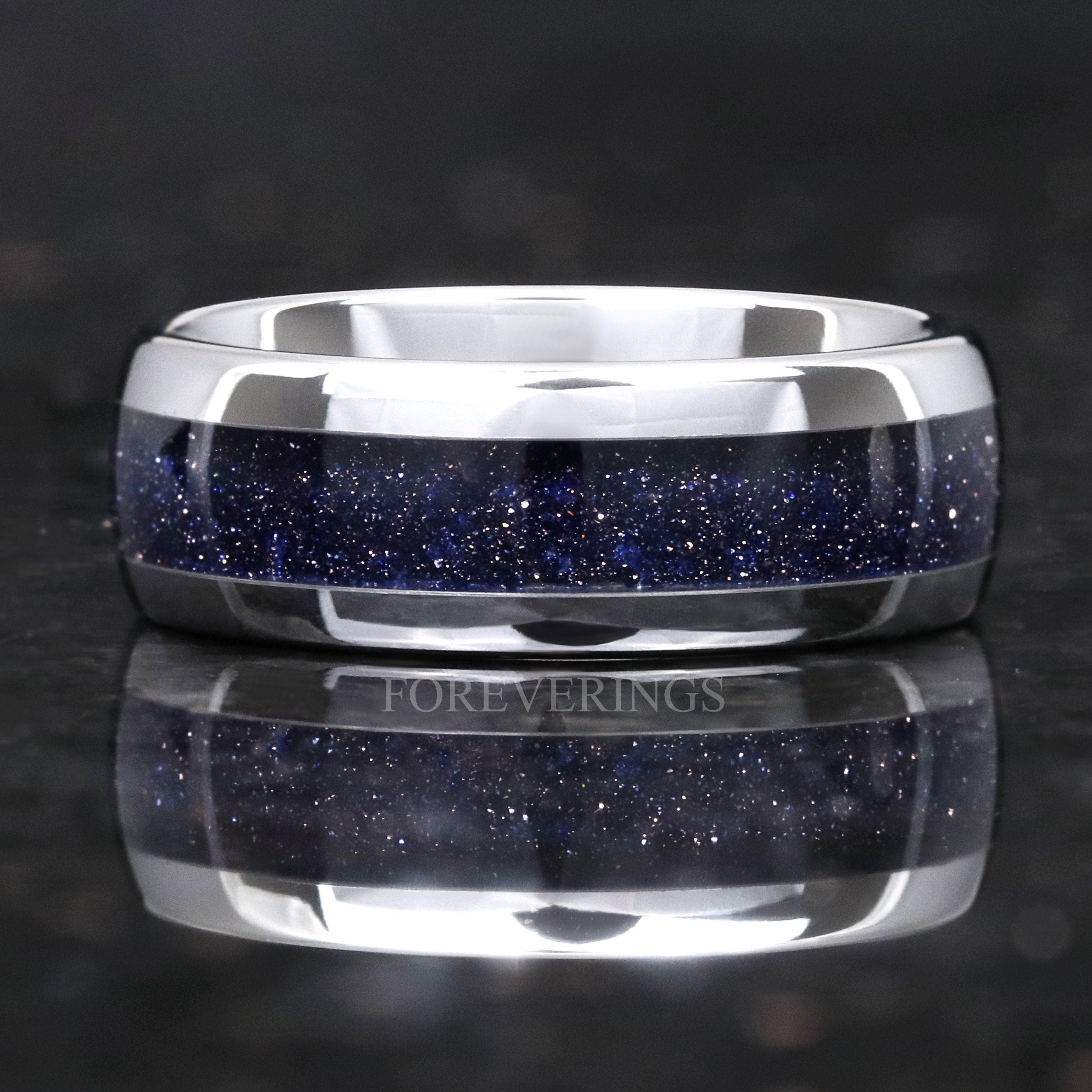 Great Rift Nebula Ring Set, His and Hers Wedding Band, Space Couples Ring, Silver Tungsten and 925 Sterling Silver Ring, Blue Sandstone Ring
