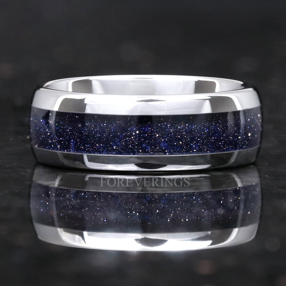 Men's 8mm silver tungsten band with Great Rift blue sandstone inlay, shown straight on
