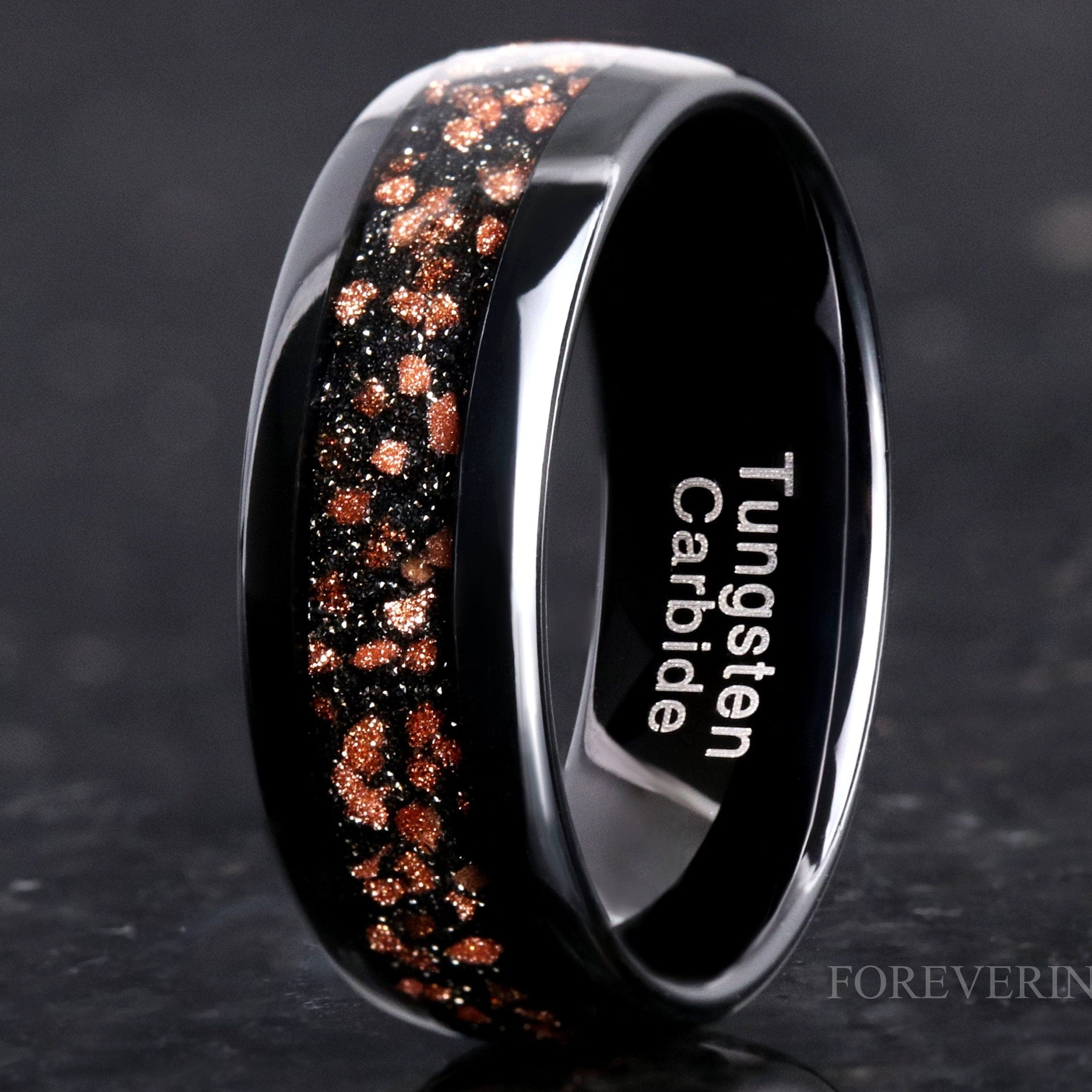 Red Goldstone Nebula Ring, Black Tungsten Ring, 8mm-6mm-4mm, Men Woman Wedding Band, Dome, Polish, Comfort Fit, Ring Engraving, Space Ring