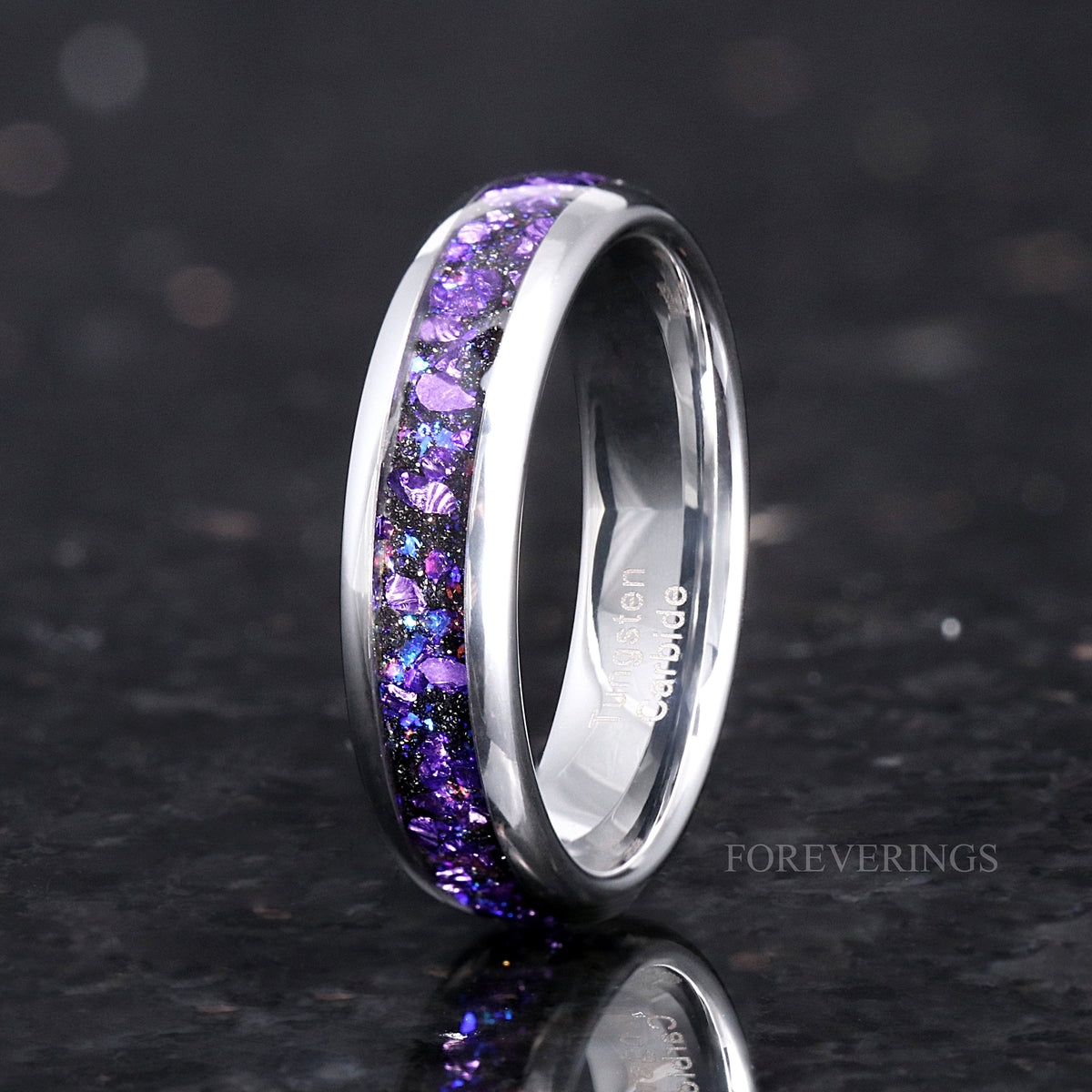 6mm silver tungsten band with purple sandstone and alexandrite inlay, standing at an angle