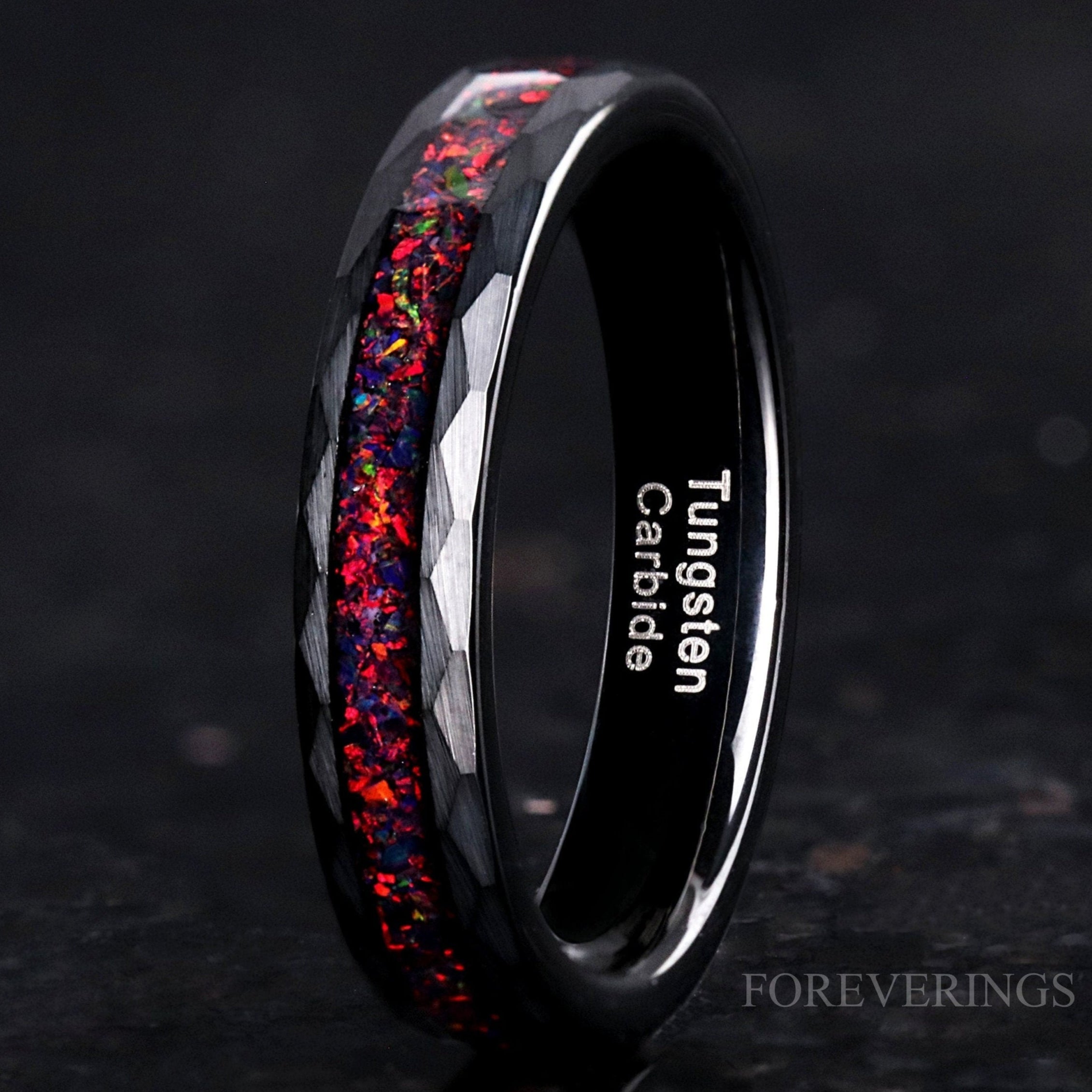Hammered Black Fire Opal Ring, Facet Black Tungsten Wedding Band, 8mm 6mm 4mm Matte Brushed Ring, Men Woman Hammered Ring, Ring Engraving