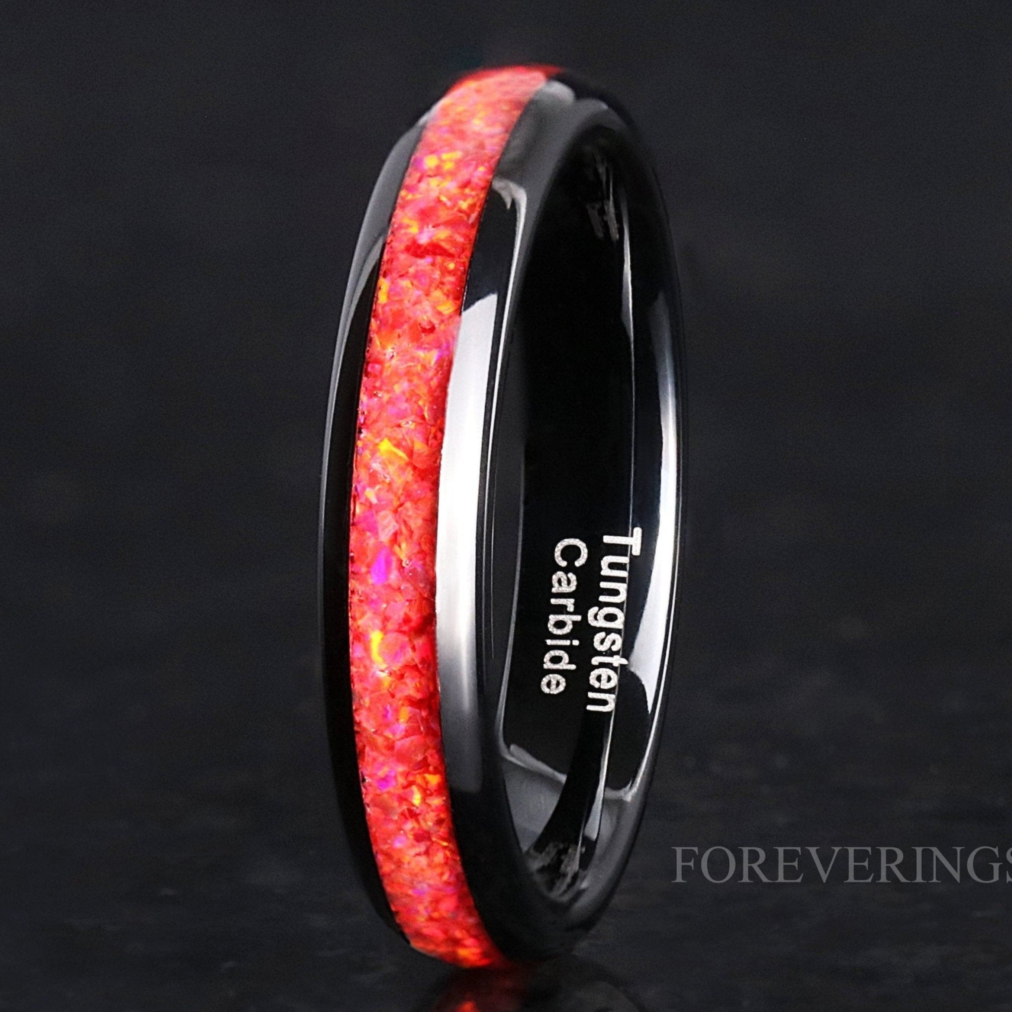 4mm Red Fire Opal, Tungsten Wedding Band, Women Men Ring, Black Ring, Red Opal Ring, Dome, Polish, Comfort Fit