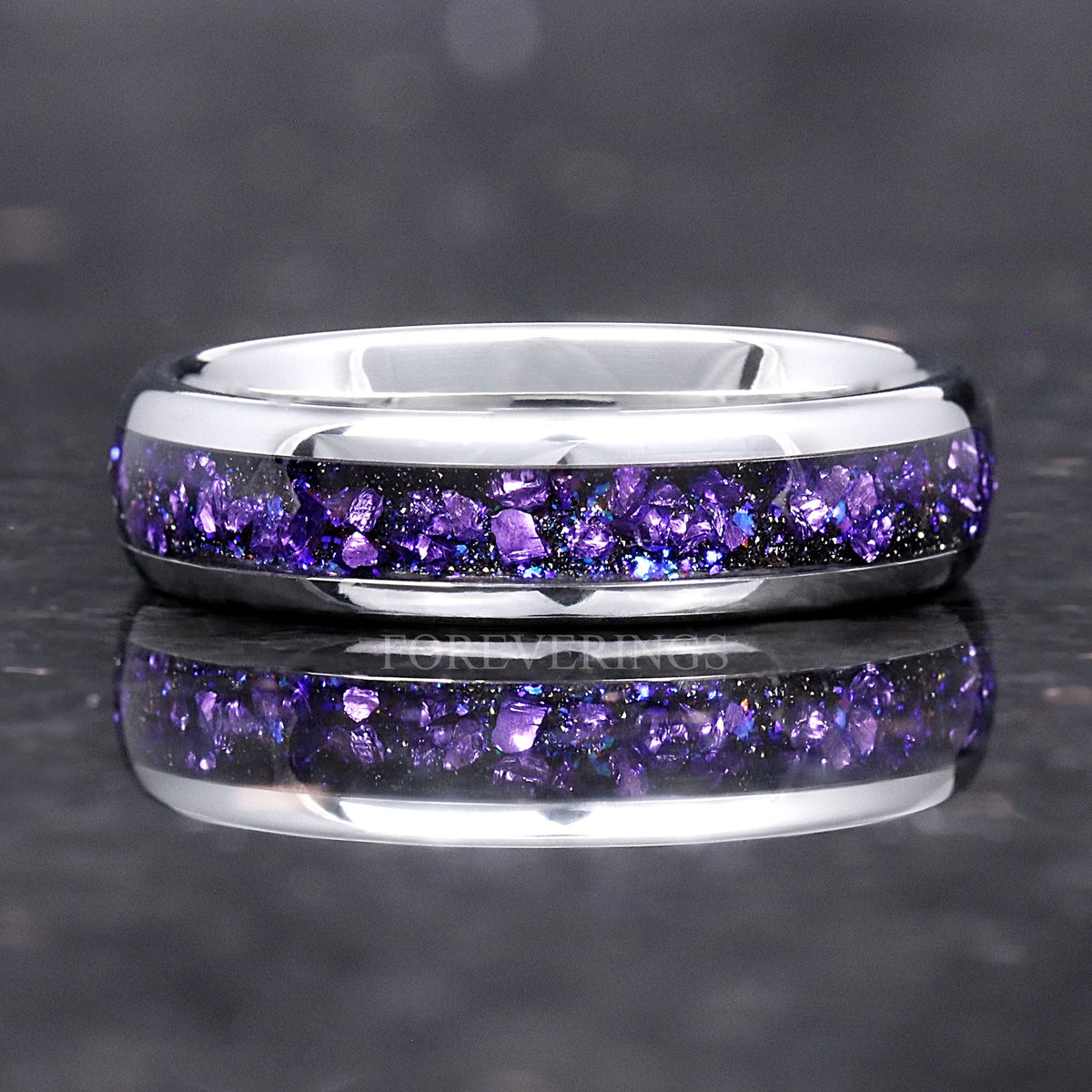 Silver tungsten band with alexandrite and purple sandstone inlay, straight on in a wider view