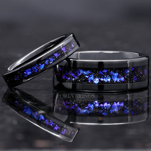 Matching black ceramic couples ring set with Orion nebula sandstone inlay, 8mm and 4mm