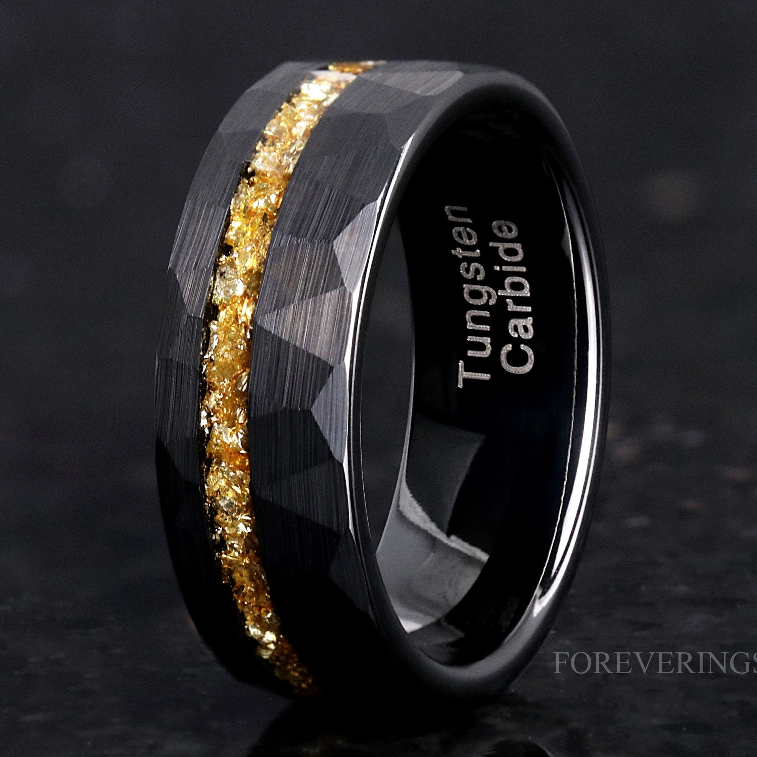 8mm Men Tungsten Wedding Band, Crushed Citrine Glass Stones, Black Tungsten Ring, Citrine Ring, Hammered, Flat, Comfort Fit