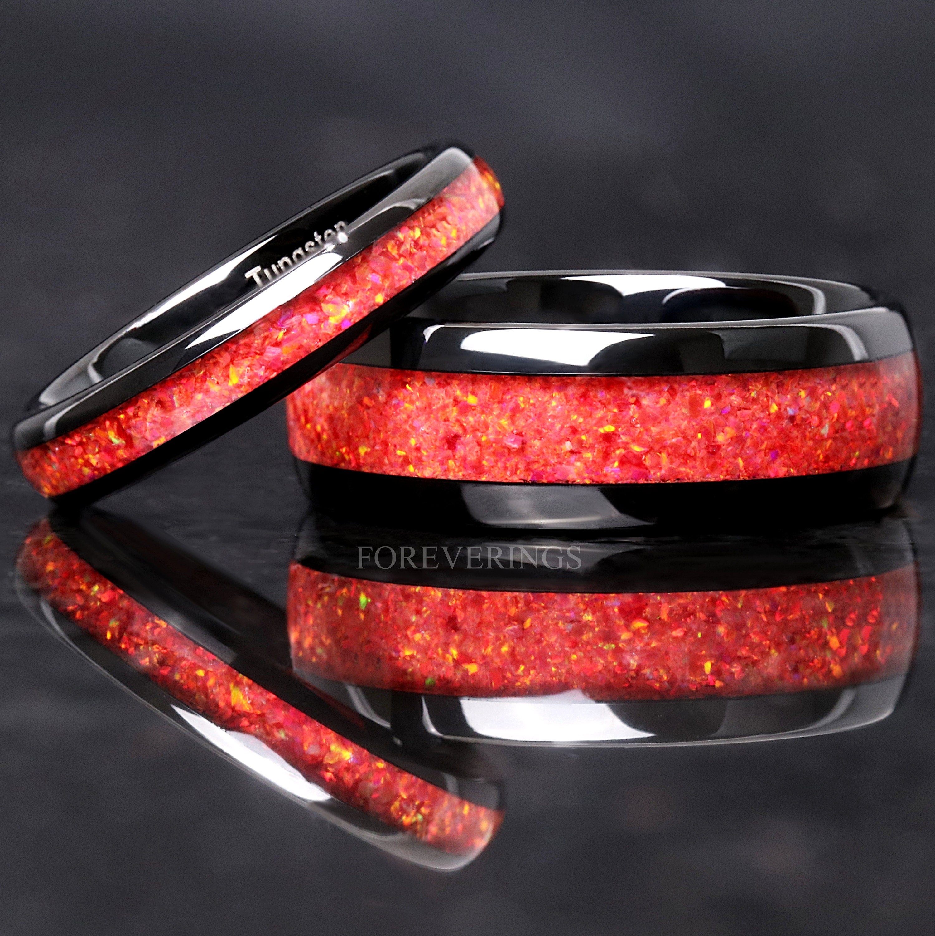 8mm Red Fire Opal Ring, Black Tungsten Ring, Men Wedding Band, Crushed Red Opal, Polished, Dome, Comfort Fit, Unique Ring