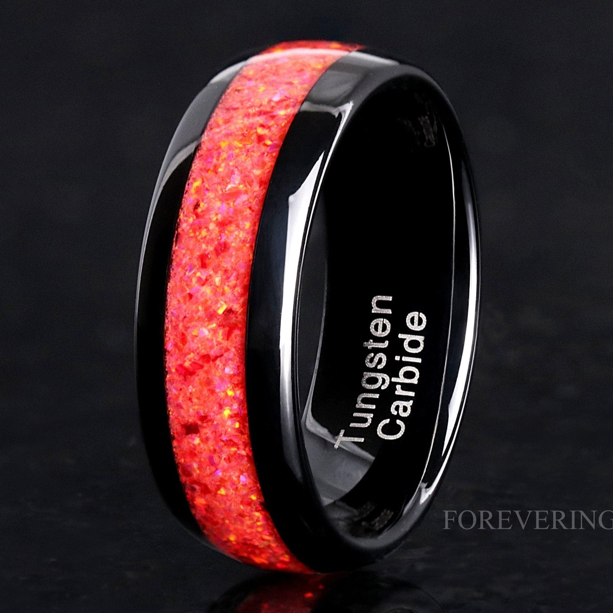 8mm Red Fire Opal Ring, Black Tungsten Ring, Men Wedding Band, Crushed Red Opal, Polished, Dome, Comfort Fit, Unique Ring