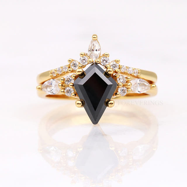 Women's gold sterling silver kite black onyx engagement ring set, shown straight on