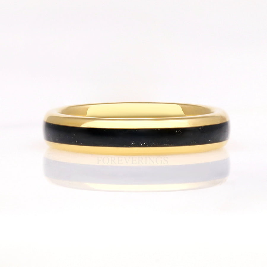 Black Onyx Gold Tungsten Ring, 4mm Mens Womens Wedding Band, Crushed Black Onyx Ring, Dome, Polish, Unique Gold Band, Ring Engraving