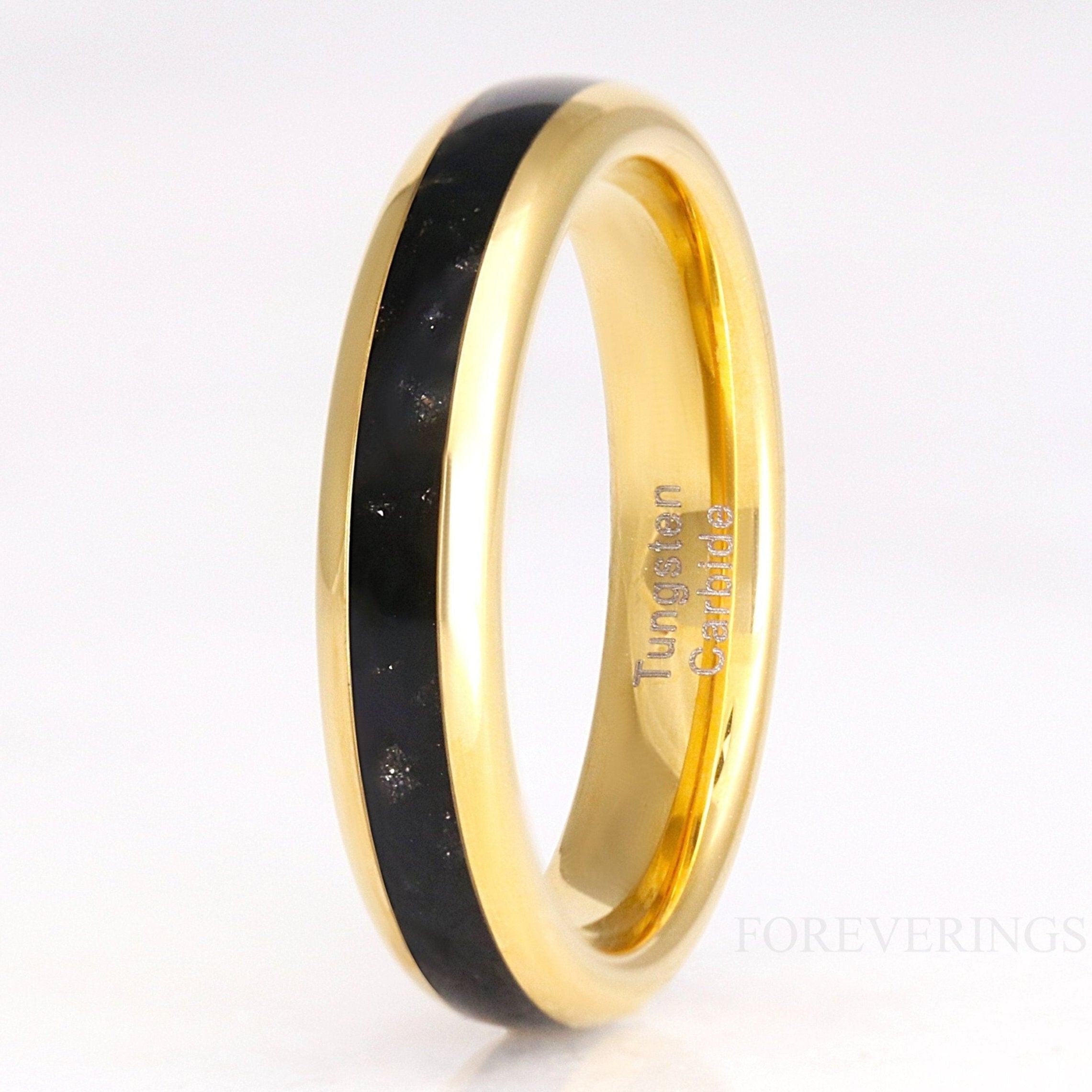 Black Onyx Gold Tungsten Ring, 4mm Mens Womens Wedding Band, Crushed Black Onyx Ring, Dome, Polish, Unique Gold Band, Ring Engraving