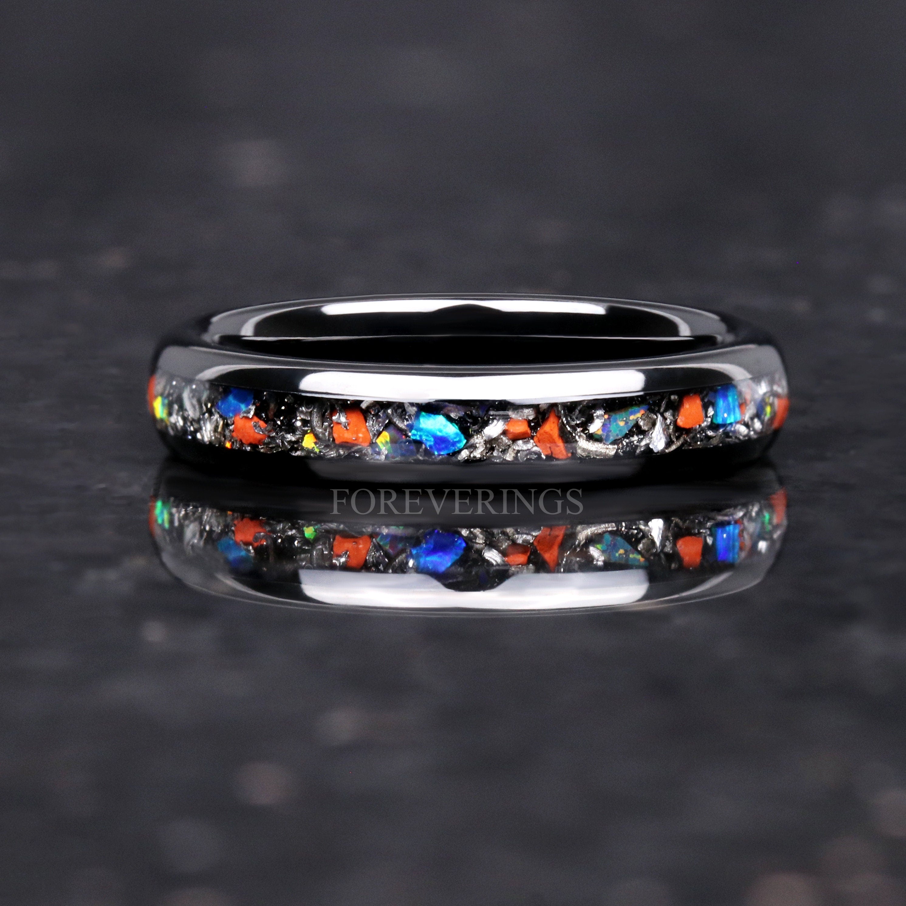 Dinosaur Bone Meteorite Opal Ring, Black Tungsten Ring, 4mm Mens Womens Wedding Band, Galaxy Opal, Unique Dinosaur Bone and Meteorite Ring