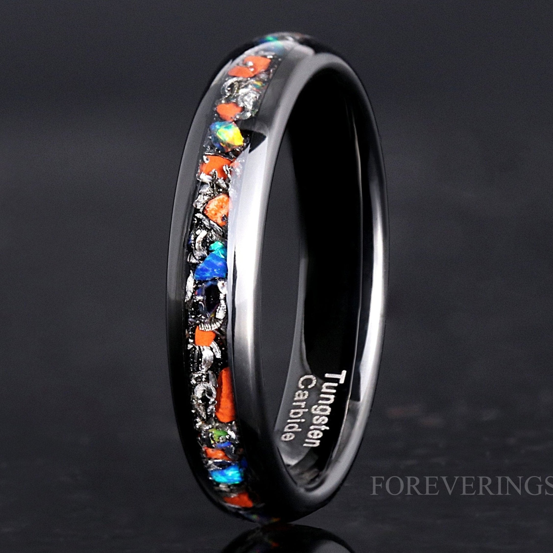 Dinosaur Bone Meteorite Opal Ring, Black Tungsten Ring, 4mm Mens Womens Wedding Band, Galaxy Opal, Unique Dinosaur Bone and Meteorite Ring