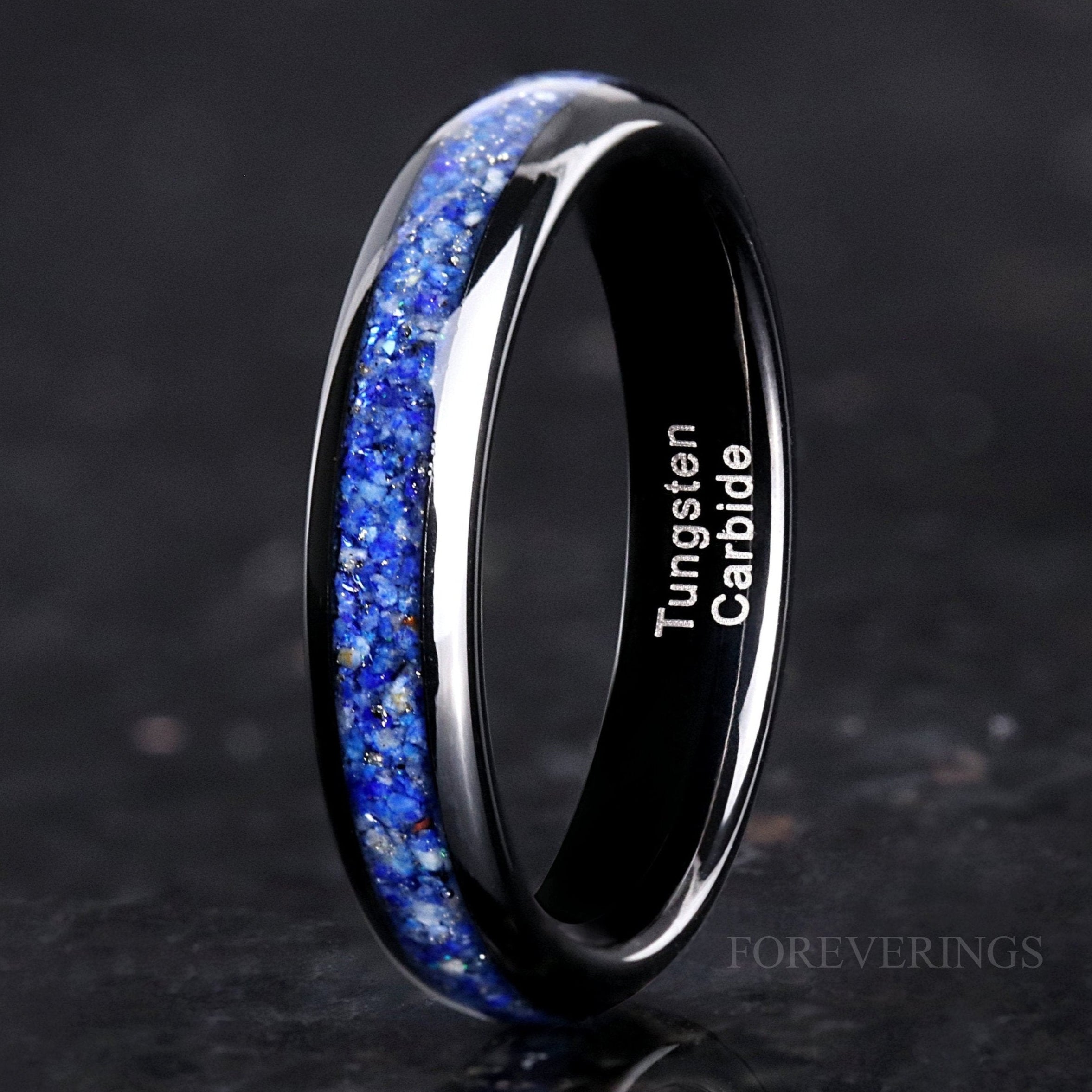 Celestial Blue Lapis Lazuli Ring, 4mm Black Tungsten Ring, Men Women Wedding Band, Polished, Dome, Comfort Fit, Unique Ring