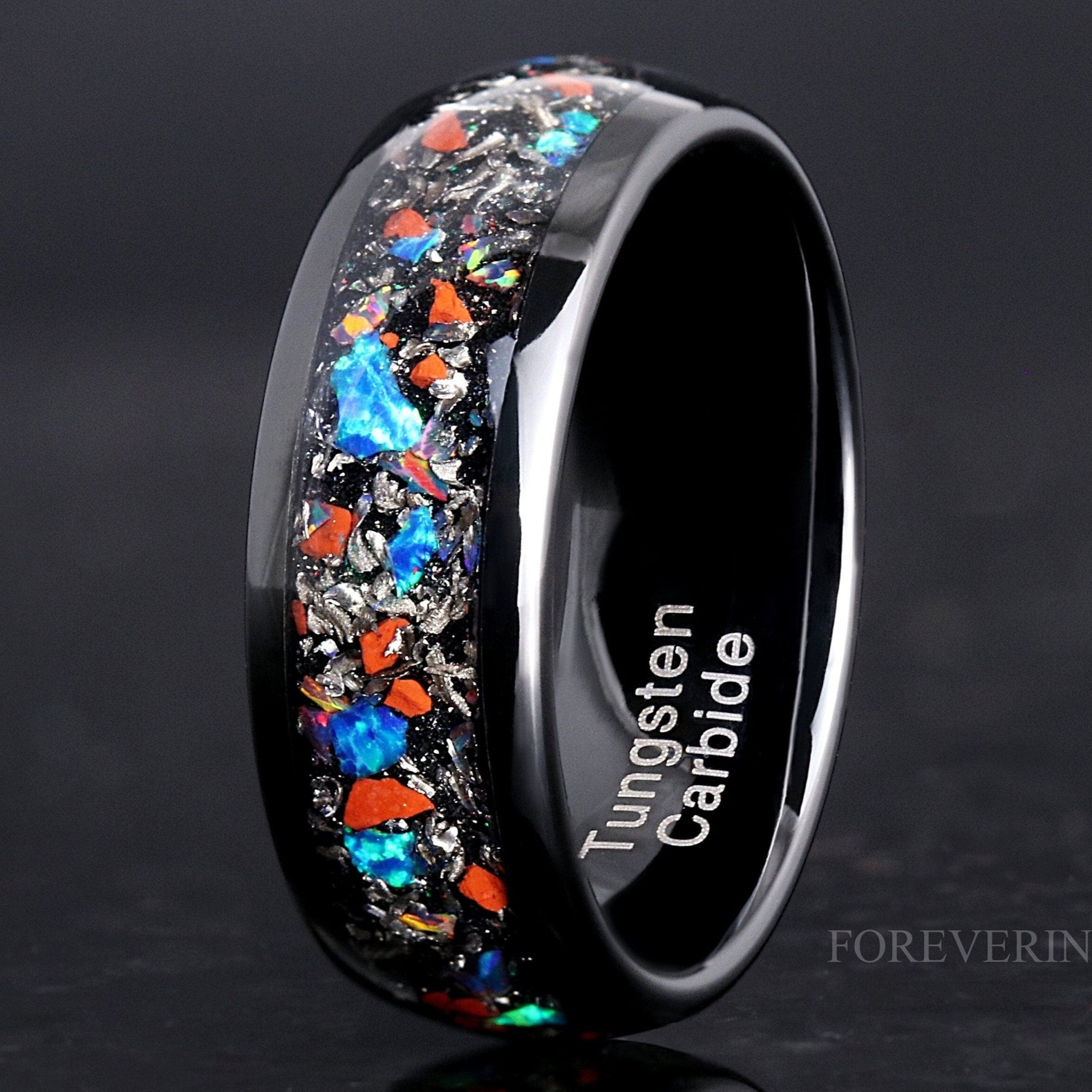 Mens Dinosaur Bone Meteorite Opal Ring, Black Polished Tungsten, 8mm Mens Wedding Band, Galaxy Opal, Unique Dinosaur Meteorite Ring for Him