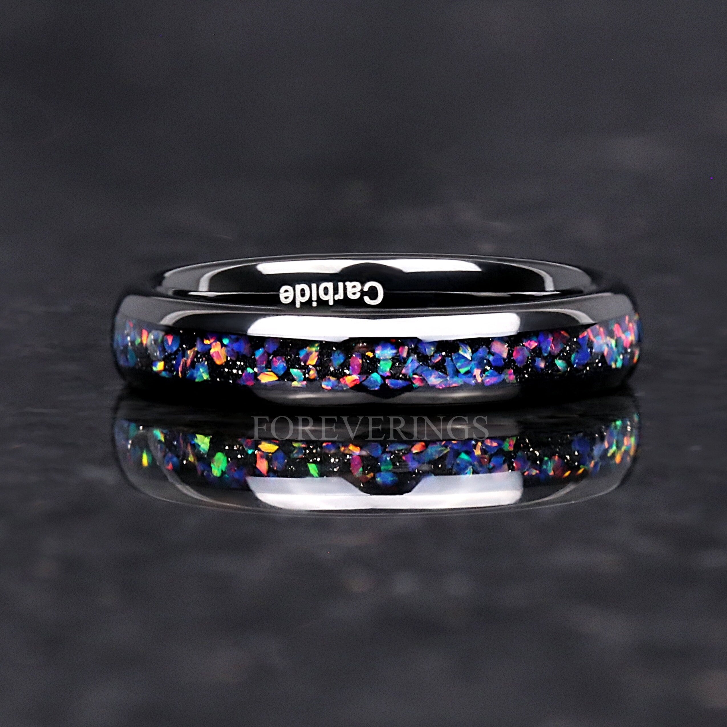 Van Gogh Opal Ring | Black Tungsten Wedding Band | 4mm