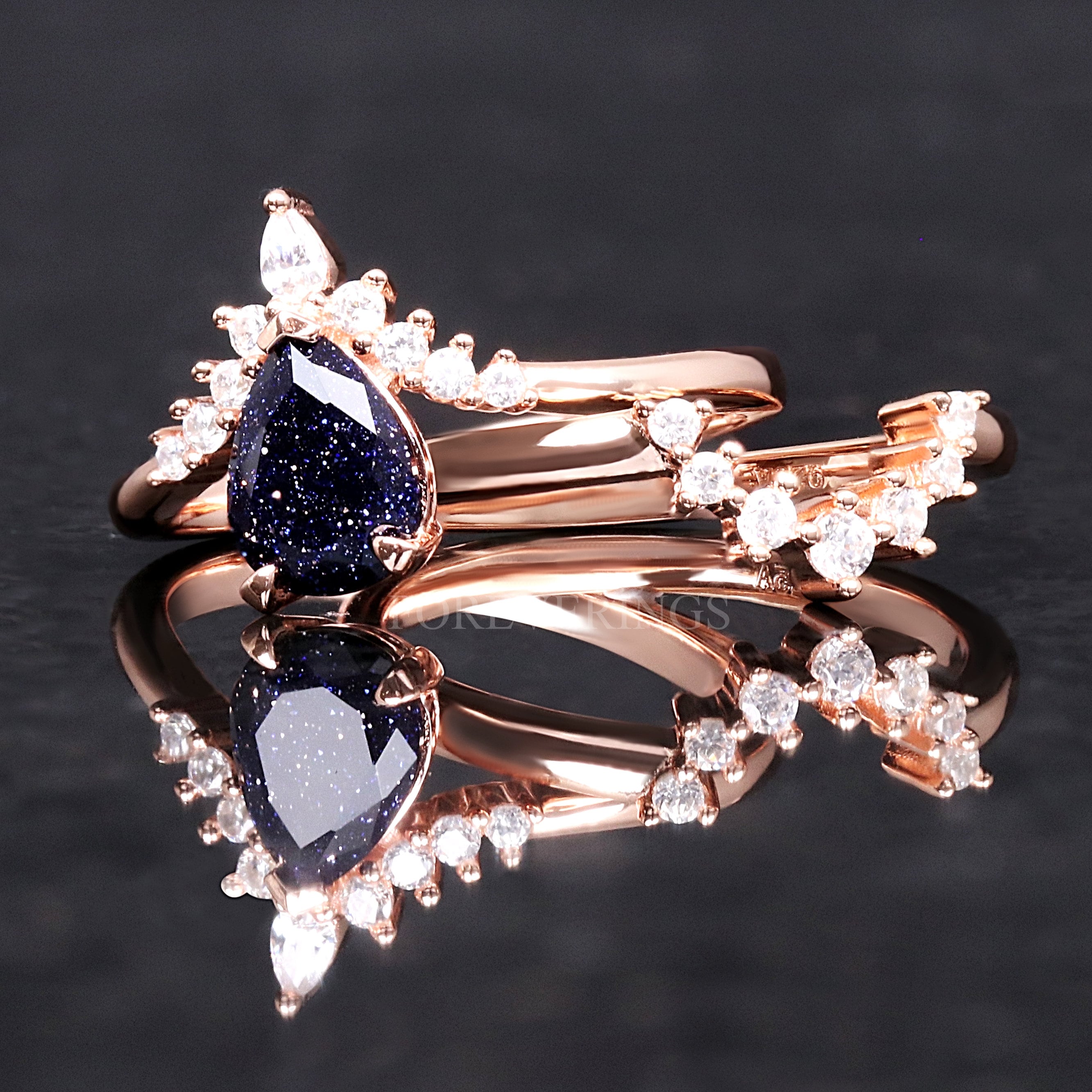 Starry Night Engagement Ring Set, Blue Sandstone Galaxy Ring, Rift Nebula Ring, Sterling Silver Rose Gold Wedding Band, Unique Women’s Ring