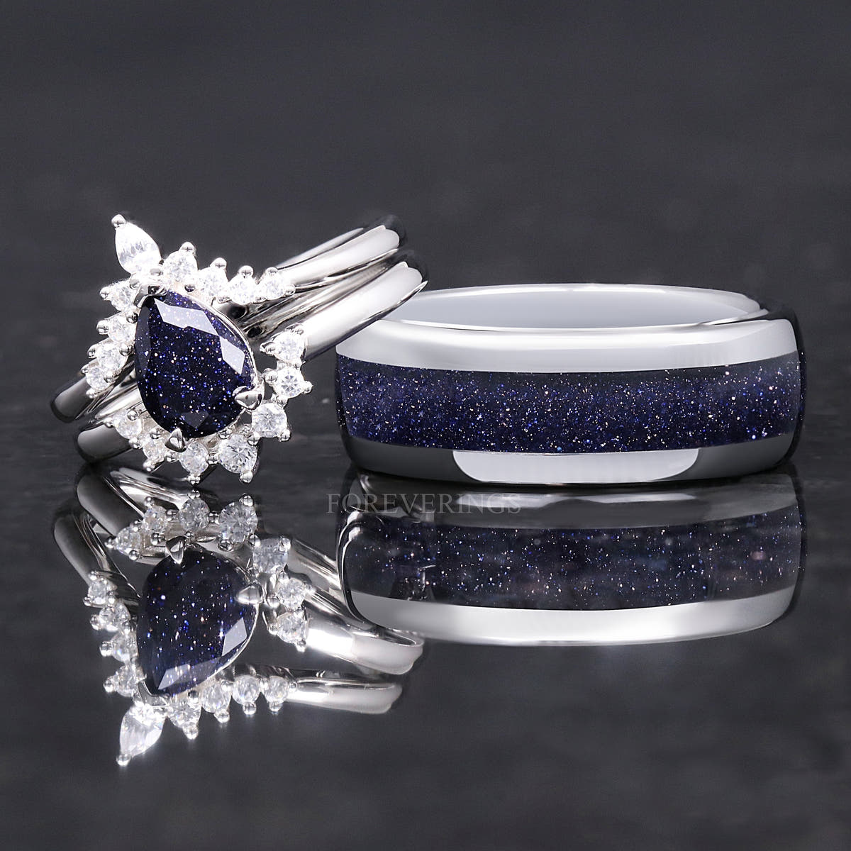 Blue sandstone bridal set beside a men's tungsten band with a wide blue sandstone inlay