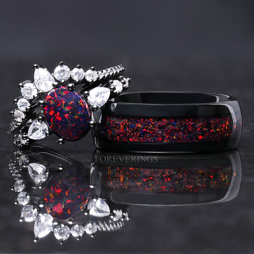 Matching black couples ring set: oval black fire opal bridal rings and 8mm tungsten band with fire opal inlay