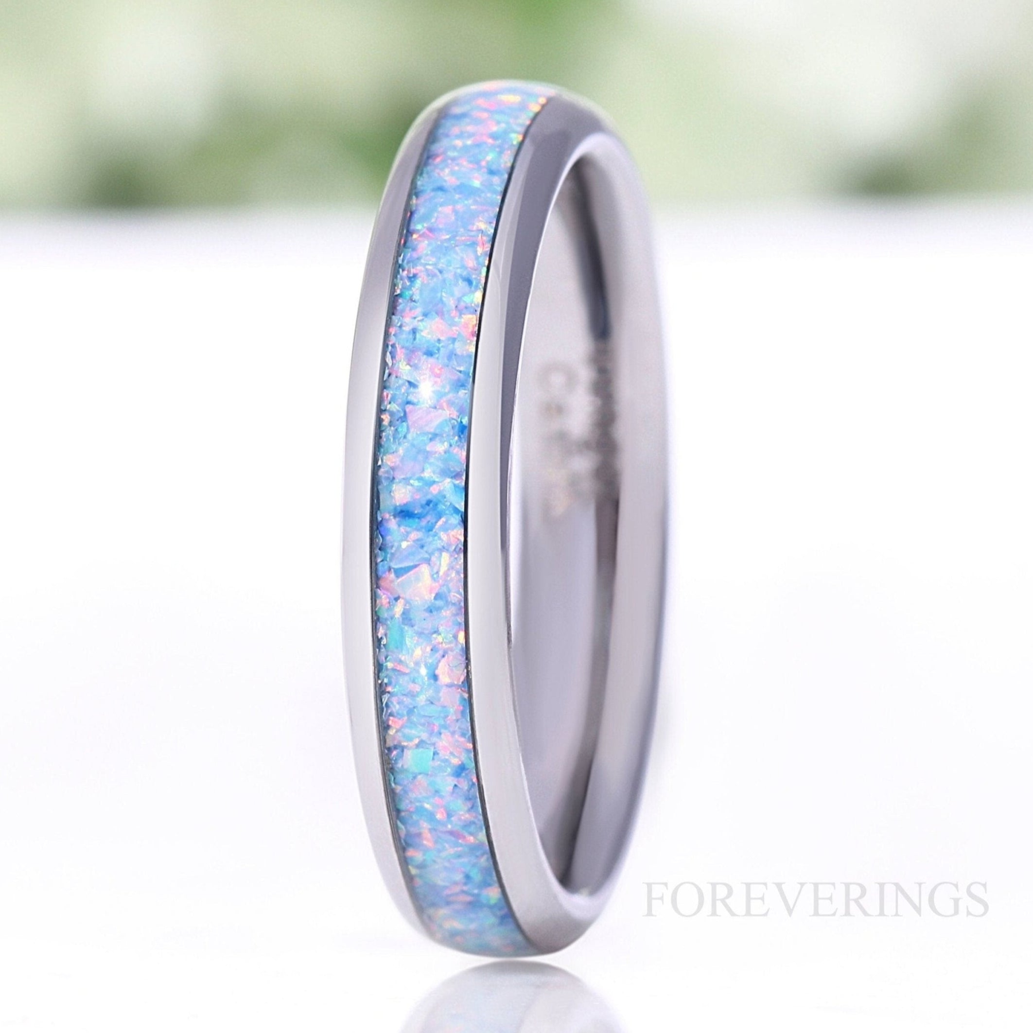 Rainbow Opal Ring, 4mm Silver Tungsten Wedding Band, No Plating, Polish, Dome, Comfort Fit, Unique Ring, Men Women Ring, October Birthstone