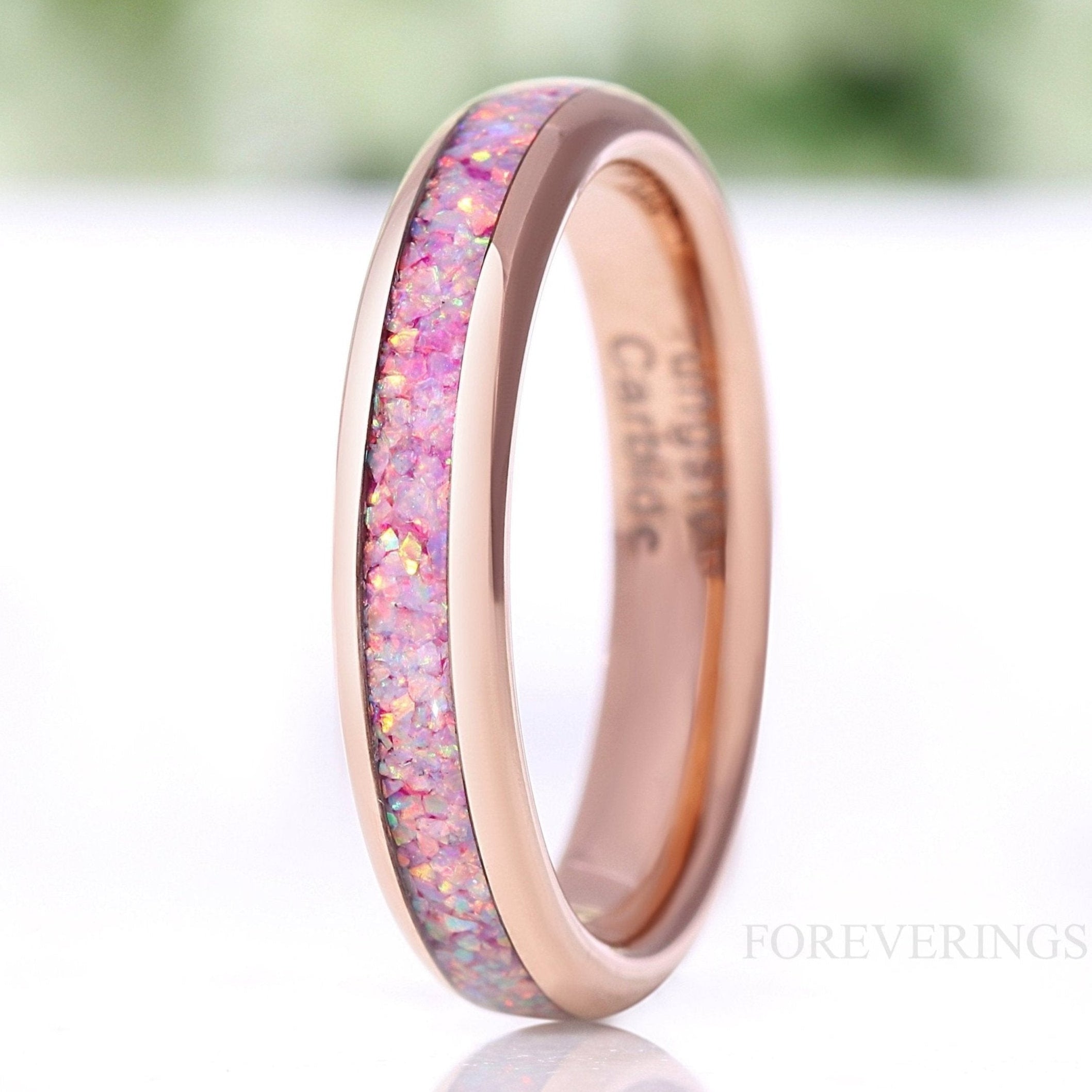 Unicorn Fire Opal Ring, Rose Gold Wedding Band, Rose Gold Tungsten Ring, Pink Purple Opal, Polish, Dome, Men Women Promise Ring, Engrave