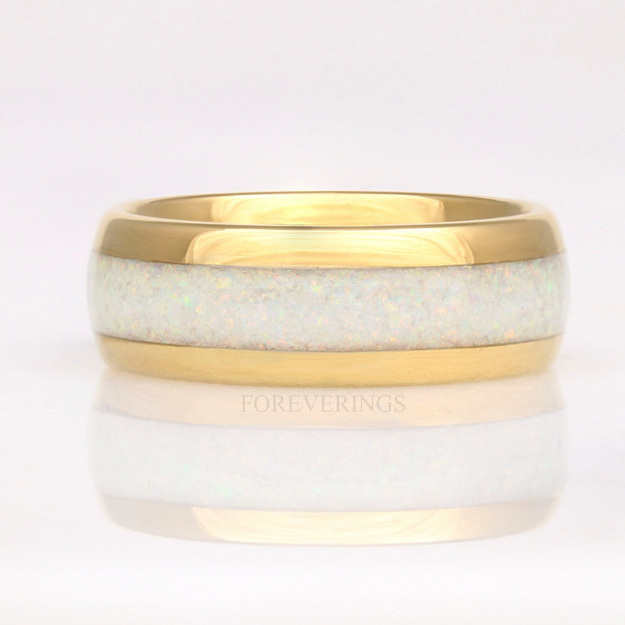 White Fire Opal Ring | Gold Tungsten Wedding Band | 8mm