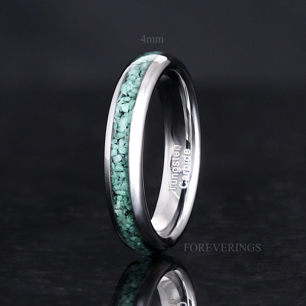 4mm silver tungsten green moss agate ring standing upright, the narrowest width