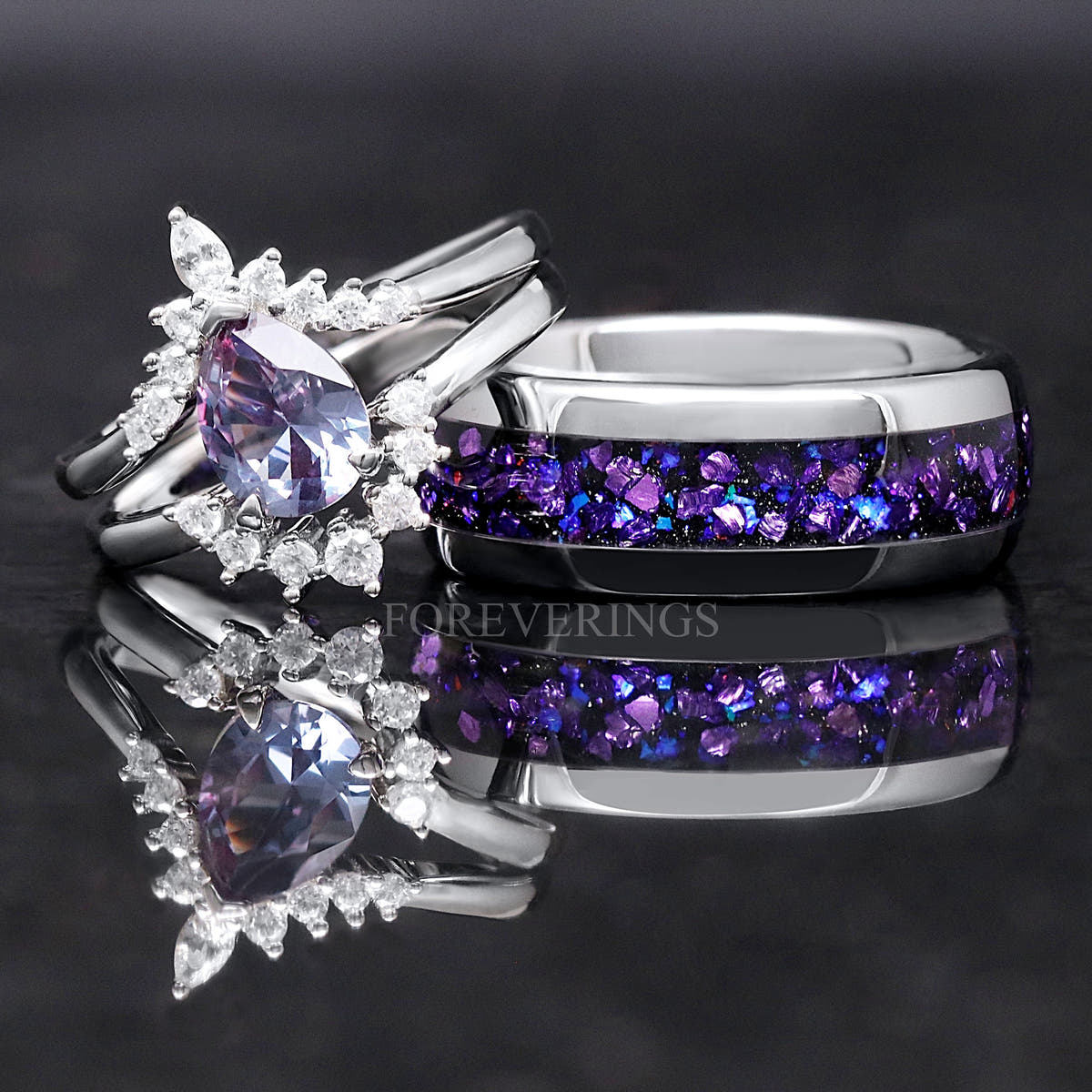 Alexandrite bridal set beside a men's silver tungsten band with purple crushed inlay