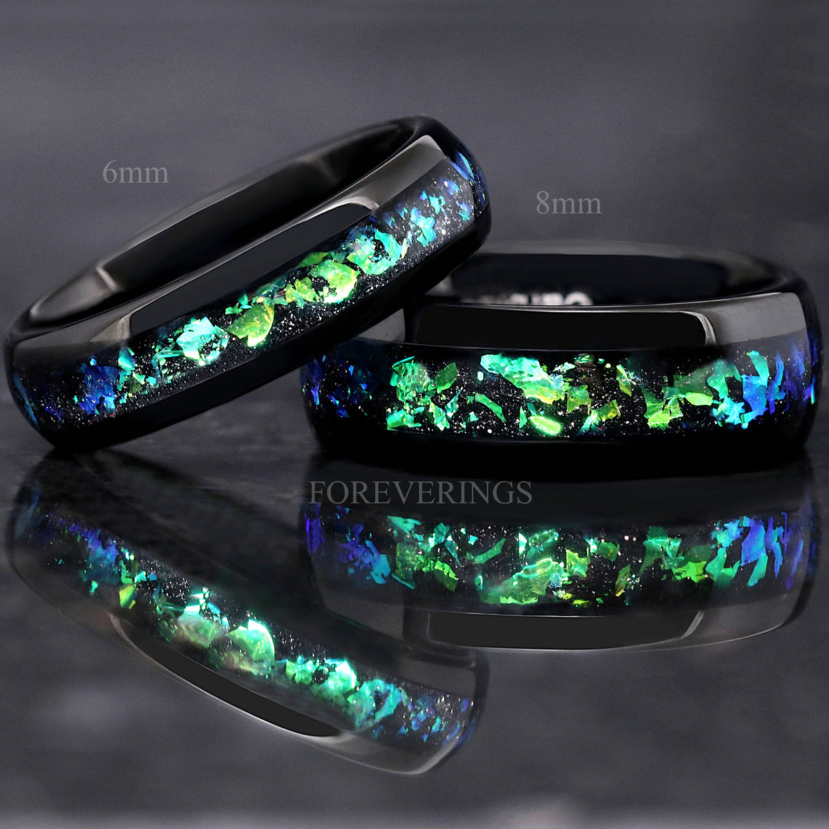 6mm and 8mm black tungsten nebula bands side by side, labeled with their widths