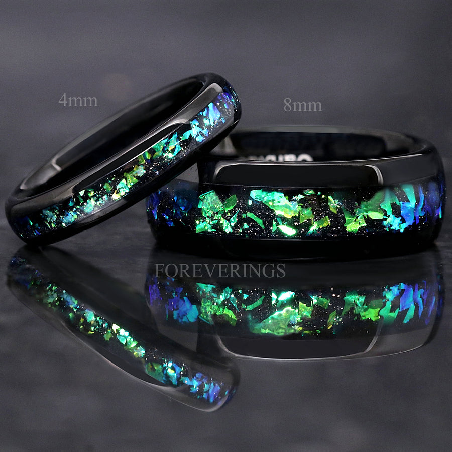4mm black nebula ring leaning on a wider black band, labeled 4mm and 8mm