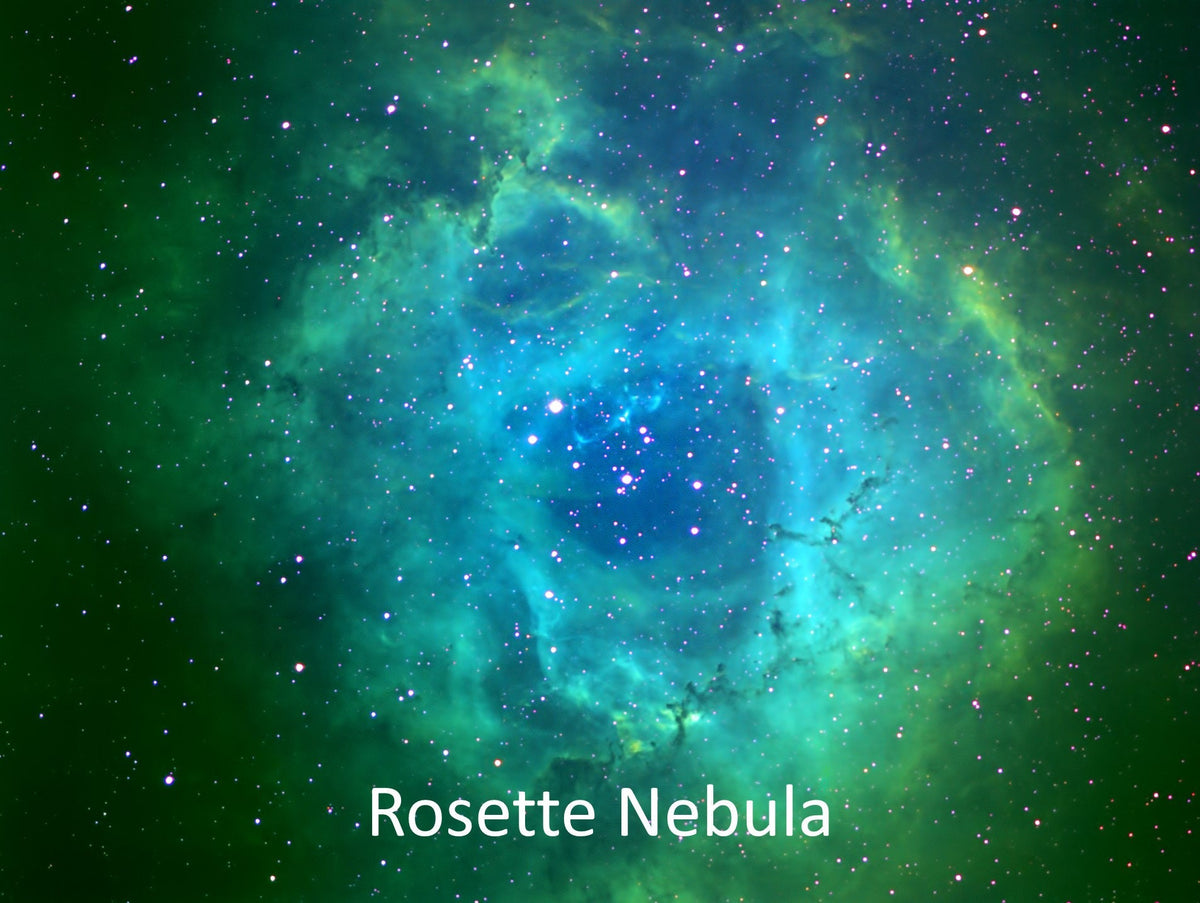 Rosette Nebula in green and blue, the inspiration for the inlay