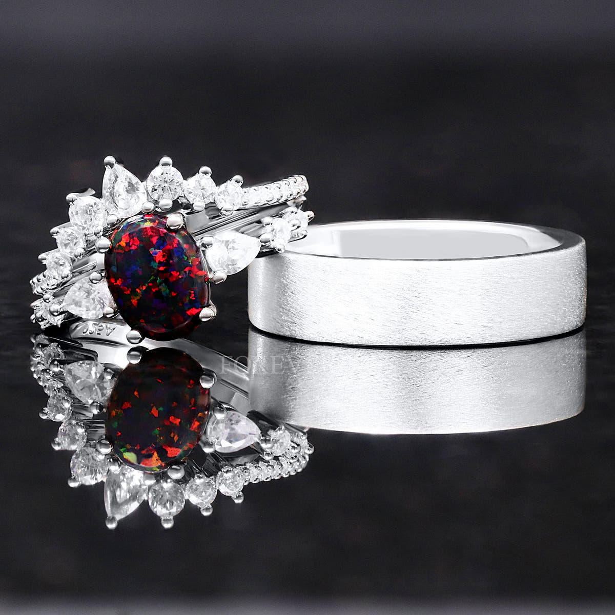 Matching sterling silver couples ring set: black fire opal engagement ring and 6mm matte silver band
