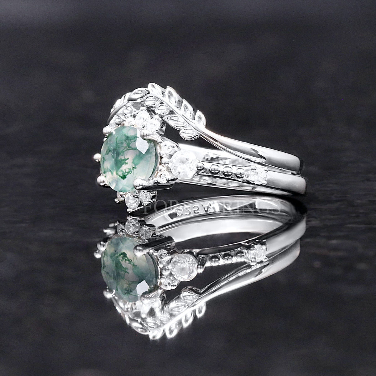 Sterling silver moss agate bridal set, angled side view