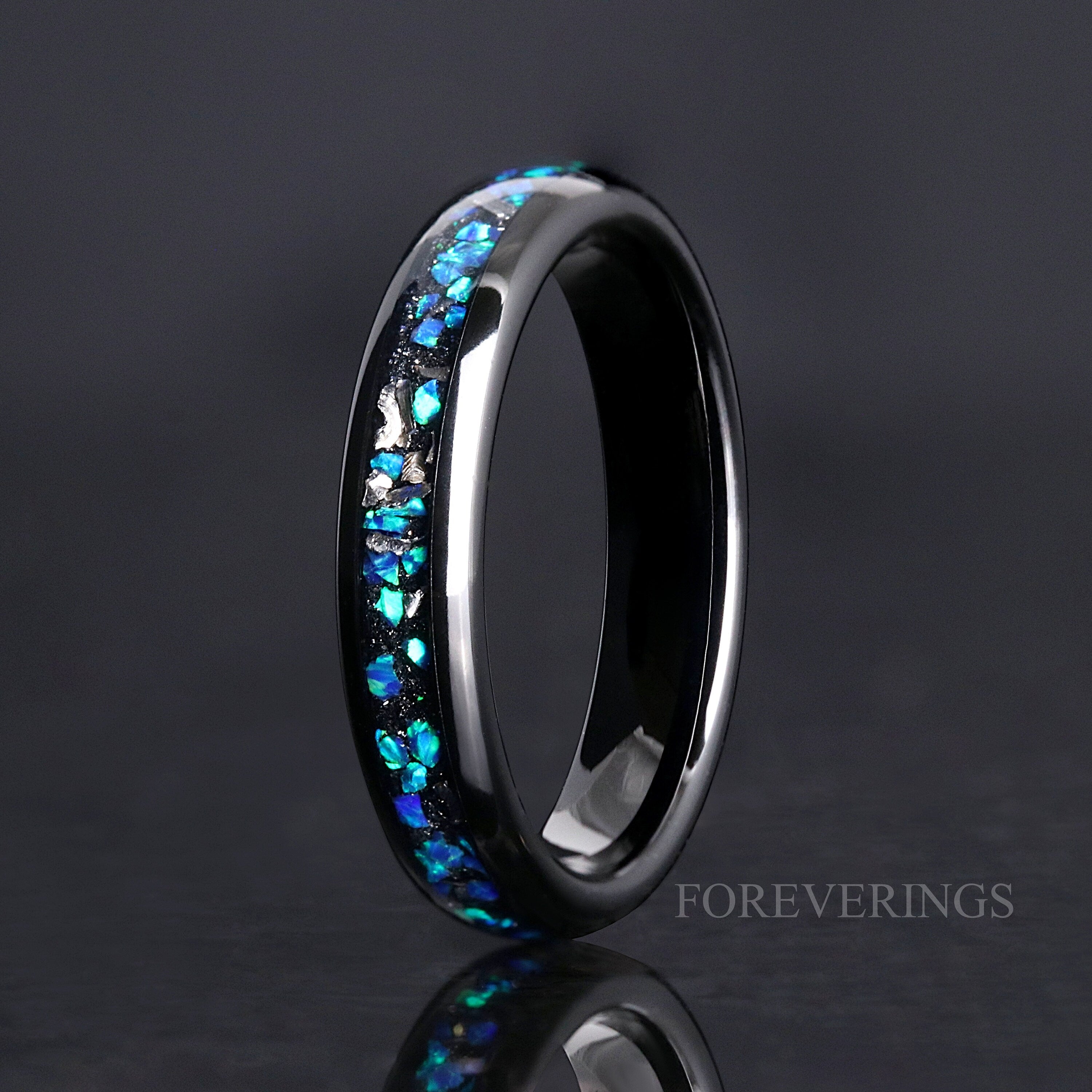 Meteorite and Blue Opal Ring Set, His and Hers Tungsten Wedding Bands, 8mm & 4mm Black Ring Set, Couples Ring, Polish, Dome, Comfort Fit