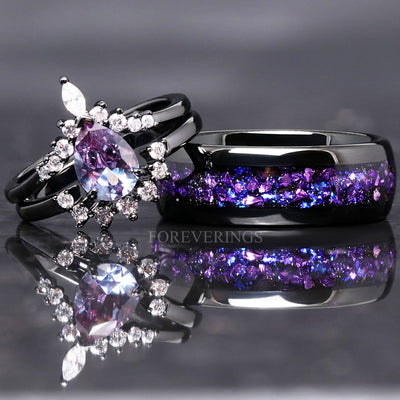 Matching black couples ring set: pear-cut alexandrite engagement ring and 8mm tungsten band