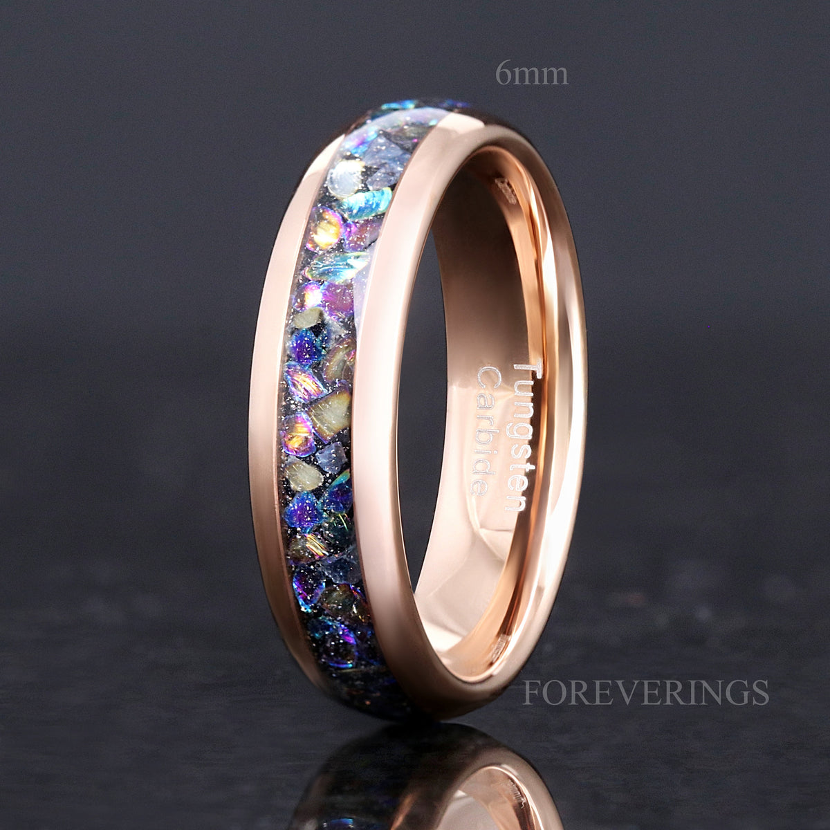 6mm rose gold tungsten ring with moonstone inlay, angled to show the interior