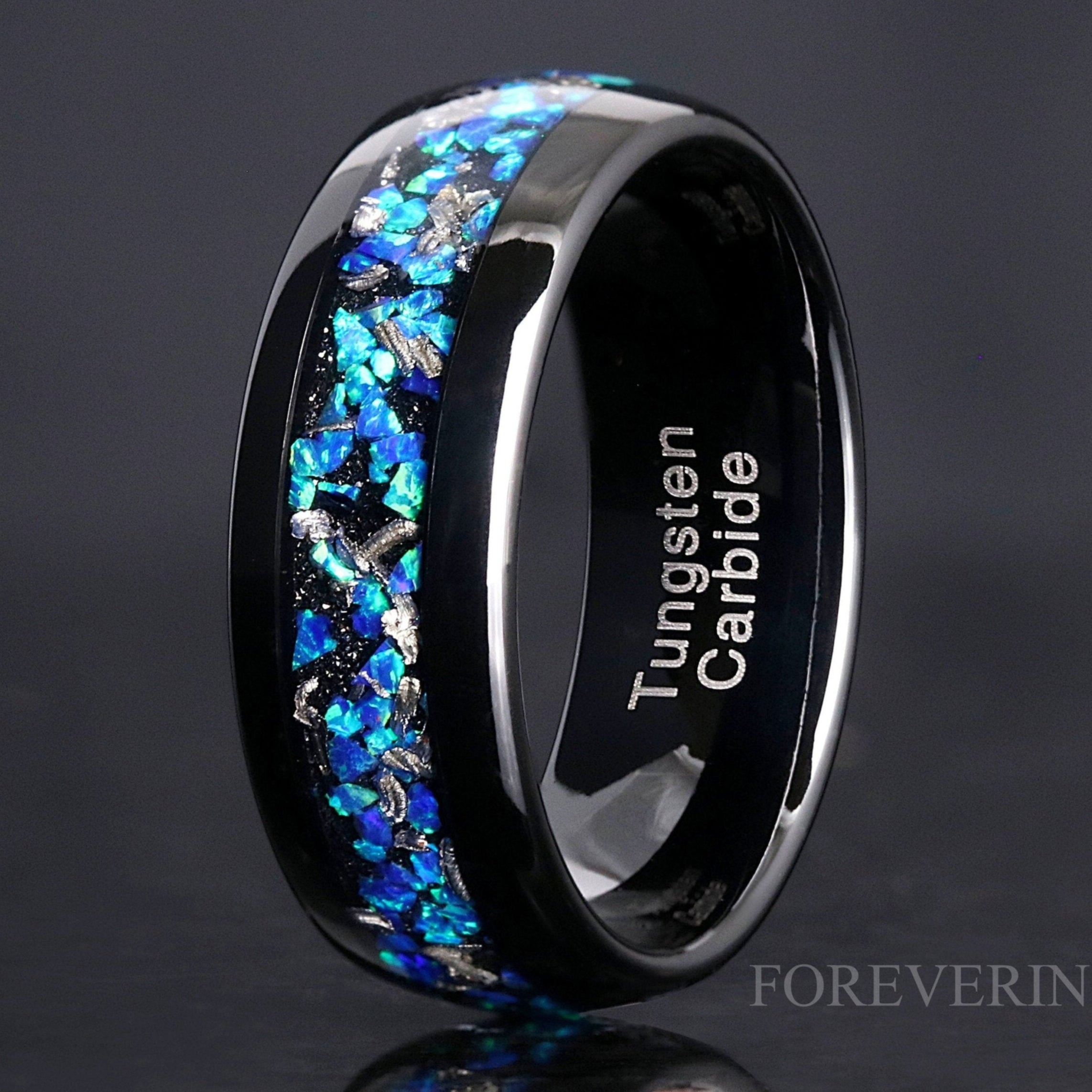 Meteorite and Blue Opal Wedding Band, Galaxy Opal, 8mm Black Tungsten Ring, Dome, Flat, Polished, Comfort Fit, Gift for Him, Unique Ring