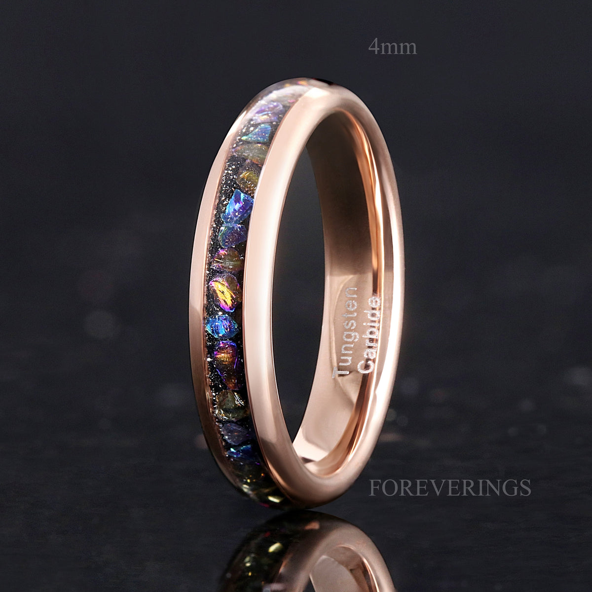4mm rose gold tungsten ring with moonstone inlay, angled to show the interior