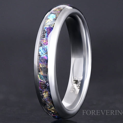 4mm silver tungsten ring with Veil nebula moonstone inlay, close-up standing view