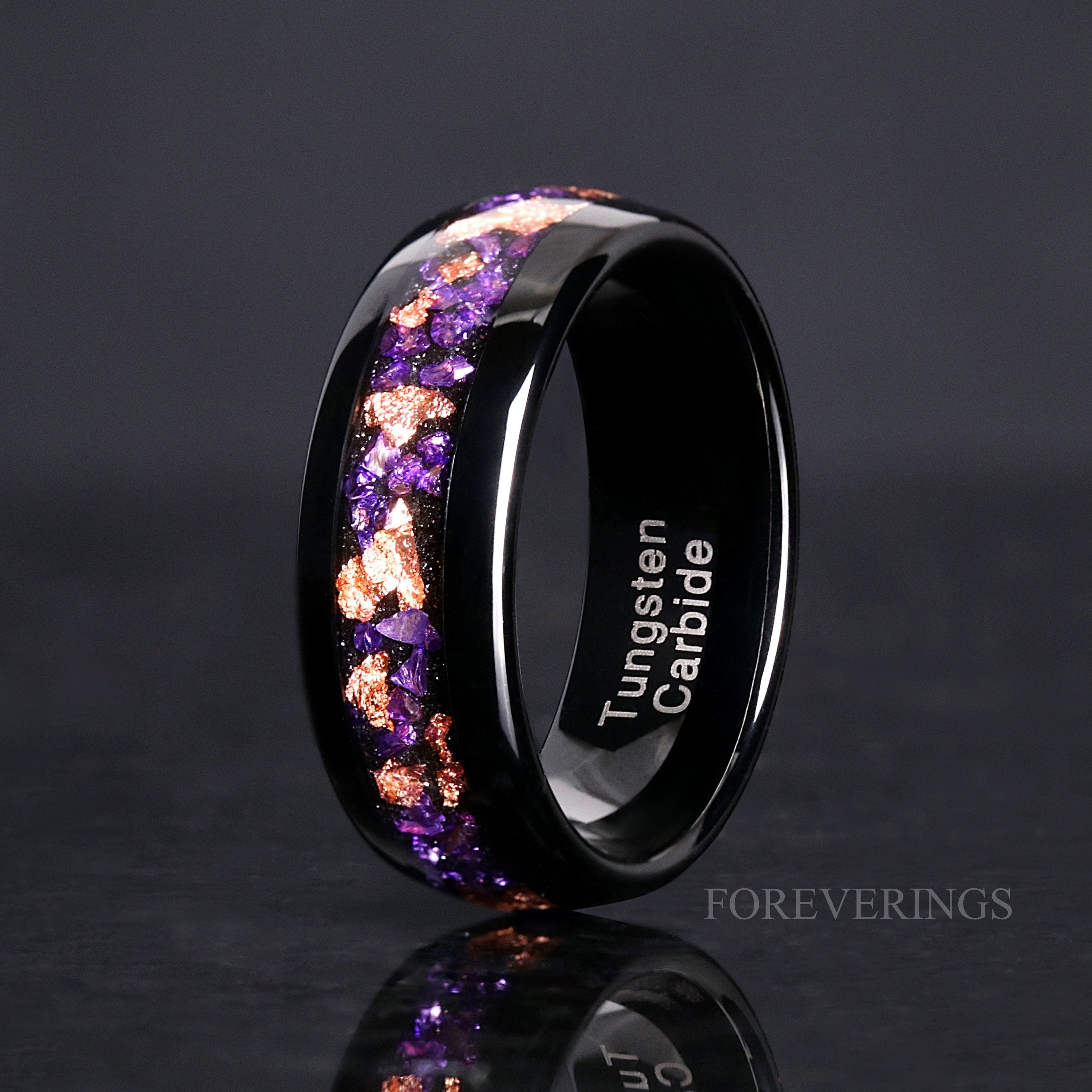 Amethyst Mens Wedding Band, Purple Ring, Black Tungsten Ring, Mens Engagement Ring, Rose Gold Foil, Dome Polish, Comfort Fit Ring for Him