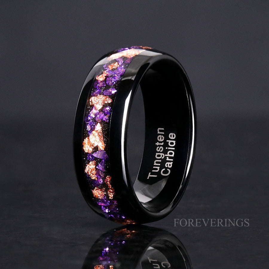 Amethyst Mens Wedding Band, Purple Ring, Black Tungsten Ring, Mens Engagement Ring, Rose Gold Foil, Dome Polish, Comfort Fit Ring for Him