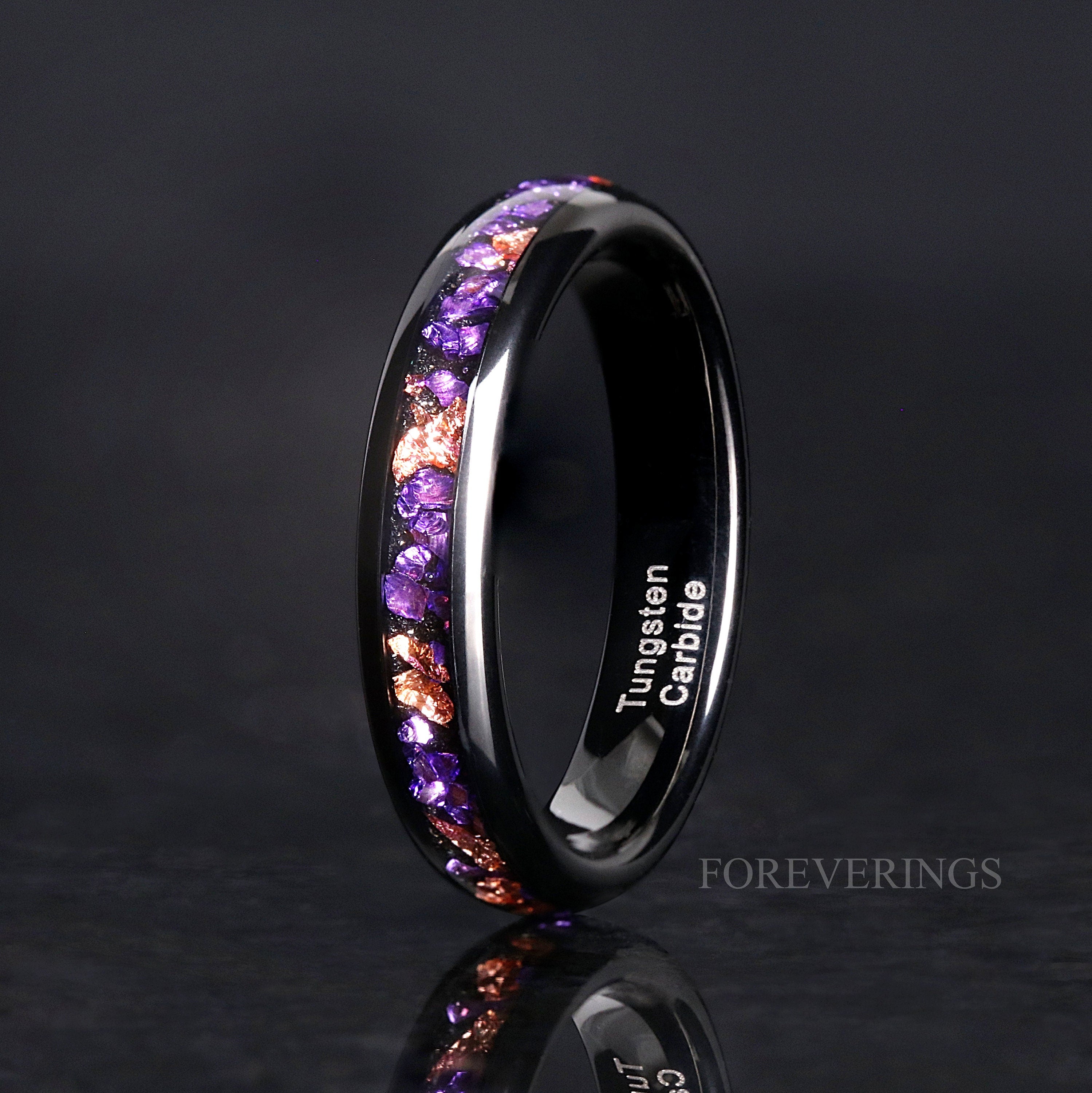 Amethyst Mens Wedding Band, Purple Ring, Black Tungsten Ring, Mens Engagement Ring, Rose Gold Foil, Dome Polish, Comfort Fit Ring for Him