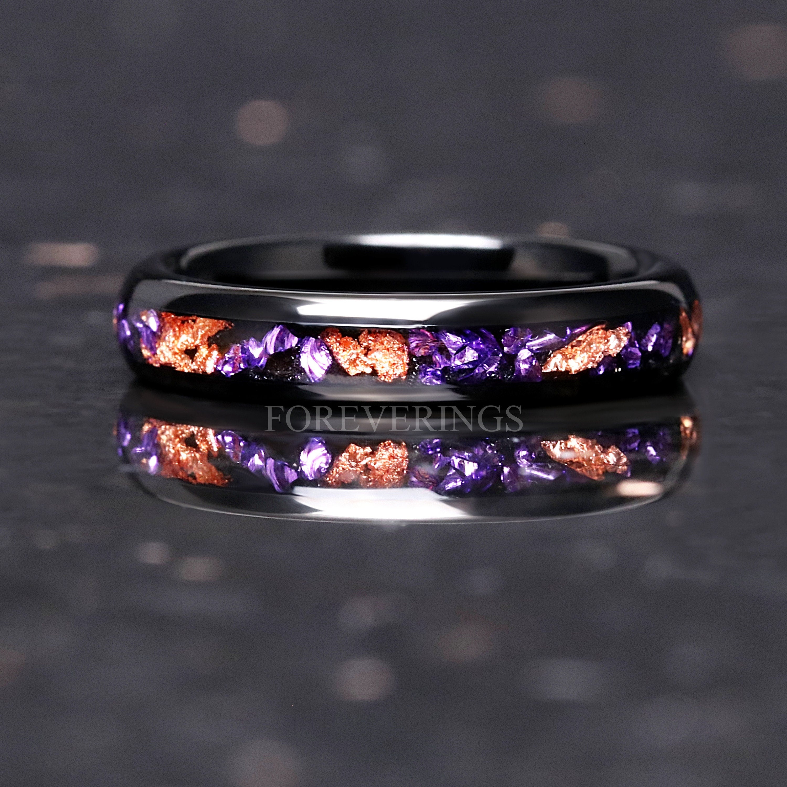 Purple Amethyst Wedding Band, Black Tungsten Ring with Gold Foil, 4mm Dome Comfort Fit, Polished Purple Ring for Women or Men, Unique Gift